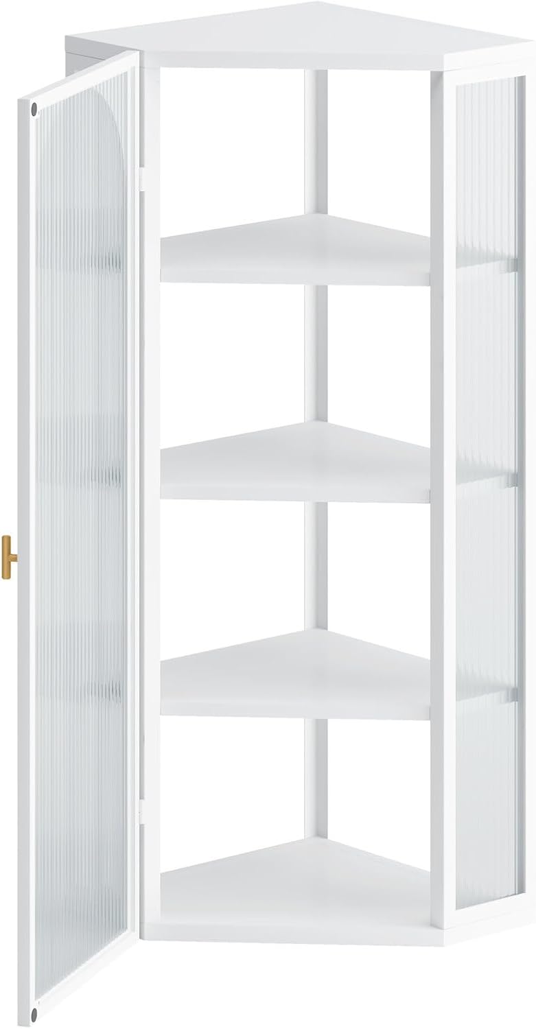 Sleek Iron & Ribbed Glass Corner Cabinet for Wall-Mount | Modern Storage Solution with Four-Tier Shelving for Bathroom, Living Room, Bedroom | Easy to Assemble(White,22.24