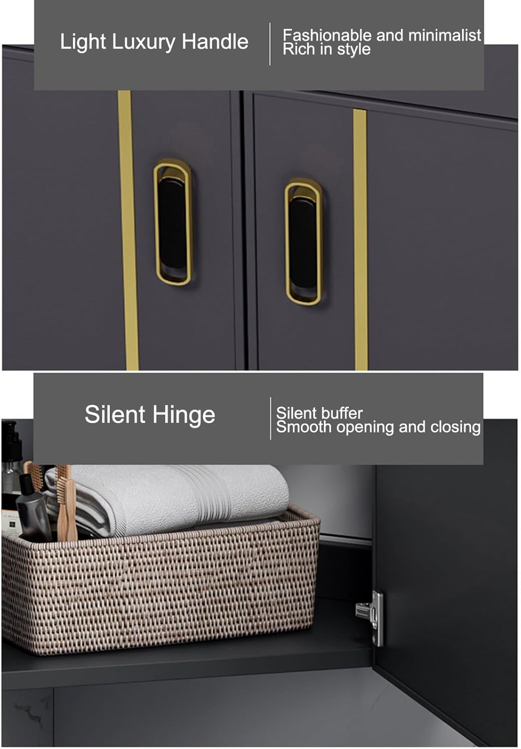 Bathroom Vanity Cabinet,Small Wall Mount Corner Sink,Bathroom Vanity w/Rock Board Top,Bathroom Ceramic Triangle Wall Mounted Mini Vanity Space Sink with Soft-Close System and Black Faucet(Gray)