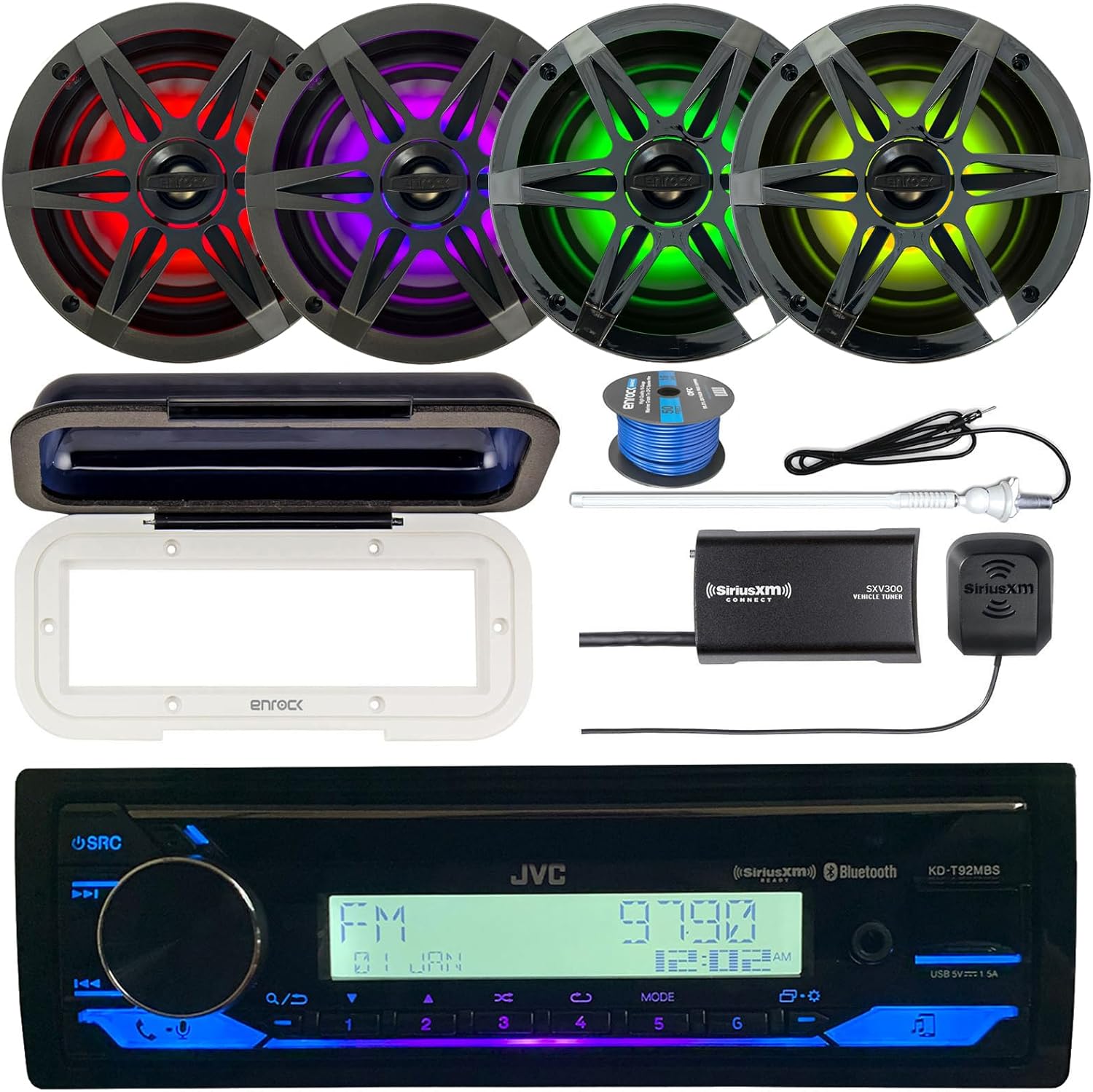 Single DIN Marine Bluetooth CD Receiver Bundle Combo with Radio Cover, 4X Enrock 6.5