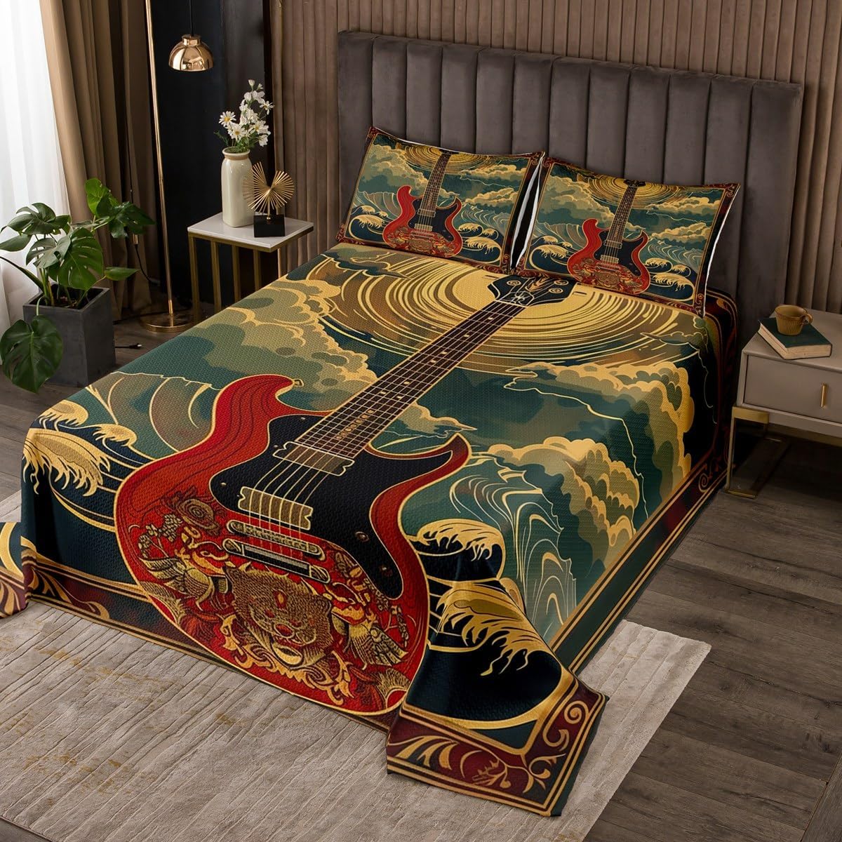 Manfei Red Bass Bedspread King,Rock Music Theme Electric Guitar Quilted Coverlet 3pcs for Adults Teens Room Decor,Japanese Style Ocean Waves Ukiyo-e Soft Breathable Bedding Quilt