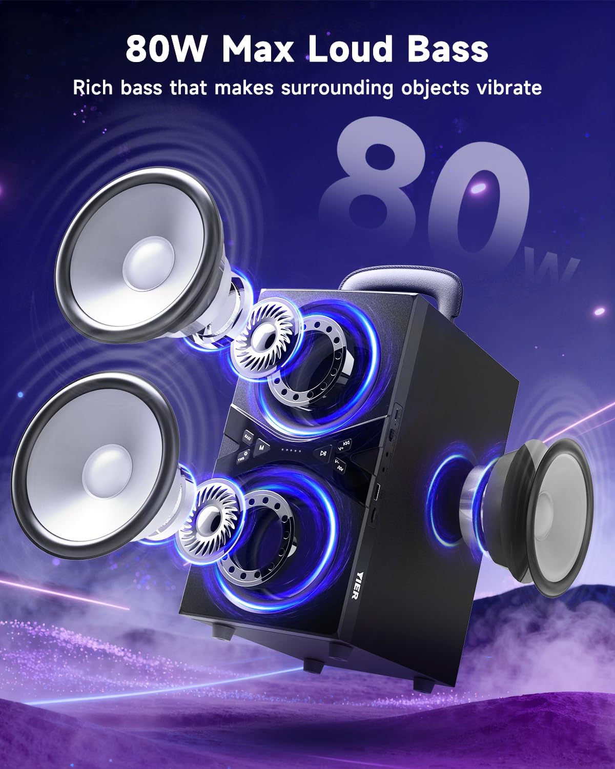Party Bluetooth Speaker:80W Peak Large Stero Sound for Outdoor,Deep Bass,TWS,Loud with Lights,Portabe Wireless Big Speakers with Long Playtime,House,Projector,Movie
