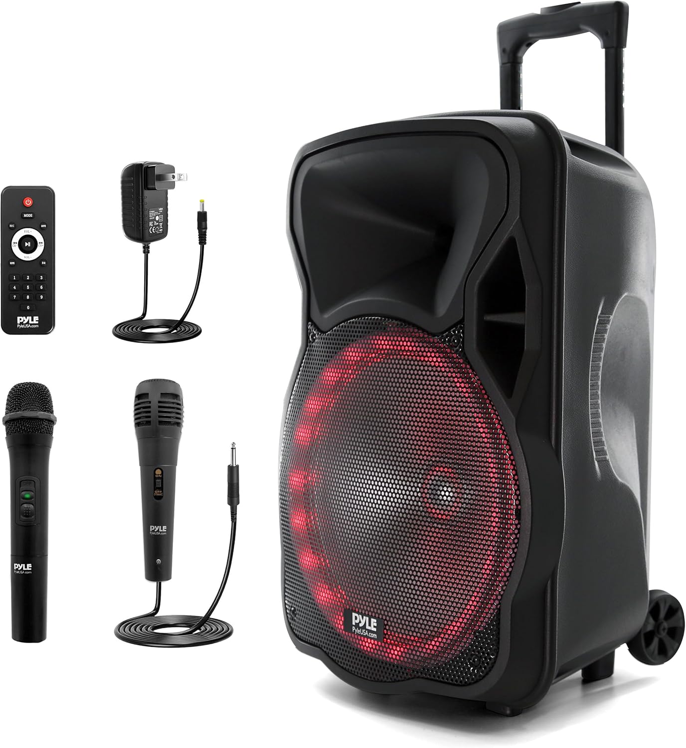 Pyle Portable Bluetooth Speaker System – 12” Indoor Outdoor Party Speaker with 300W Power, Flashing LED Lights, Rechargeable Battery, USB/SD Readers, FM Radio, Mic Input for Karaoke and Events