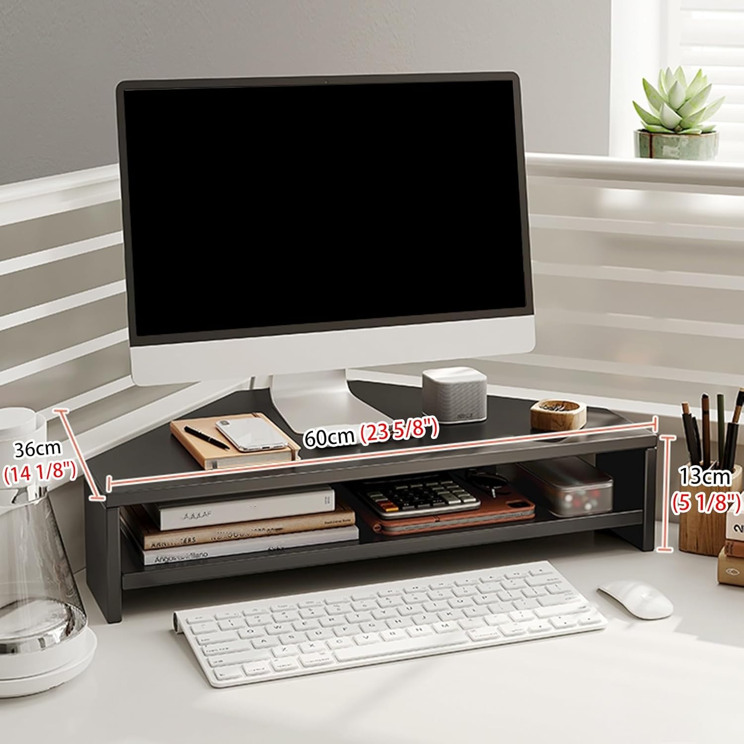 Wooden Corner Monitor Stand w/Storage.2 Tier Office Organizer Rack for Desk,Triangular Shelf Riser,Lifting Tablet Holder (Black )