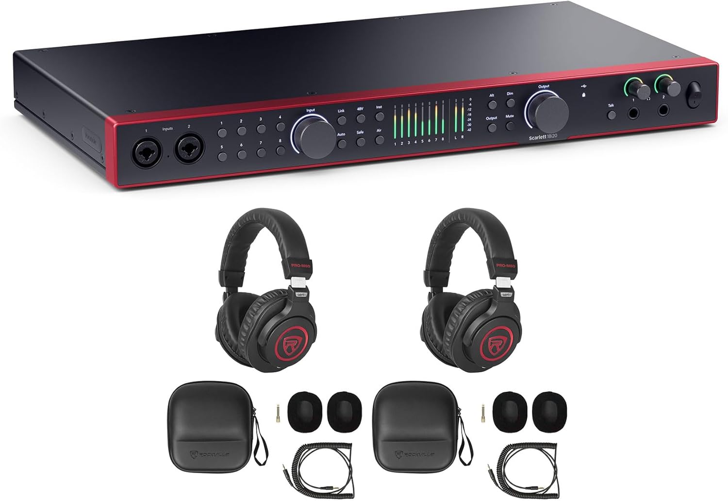 Audiosavings Bundle: Focusrite SCARLETT 18I20 4G 4th Gen 192 kHz Audio Interface Bundle with (2) Rockville PRO-M50 SR Studio Headphones+Detachable Coil Cable+Case+Extra Ear Pad (3 Items)