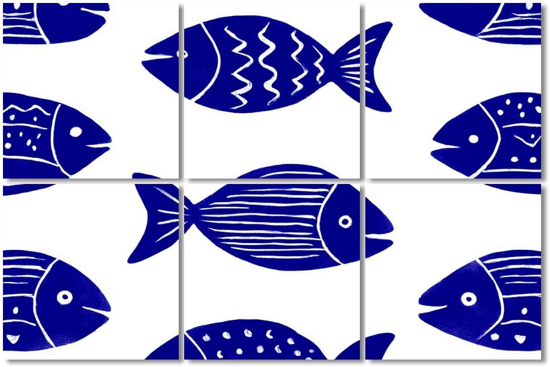 6 Pack Art Acoustic Panels Sound Absorbing Coastal Fish Abstract Underwater World Trellis Navy Blue Motif Bold Decorative Soundproof Wall Panels Self Adhesive for Recording Studios Office 72