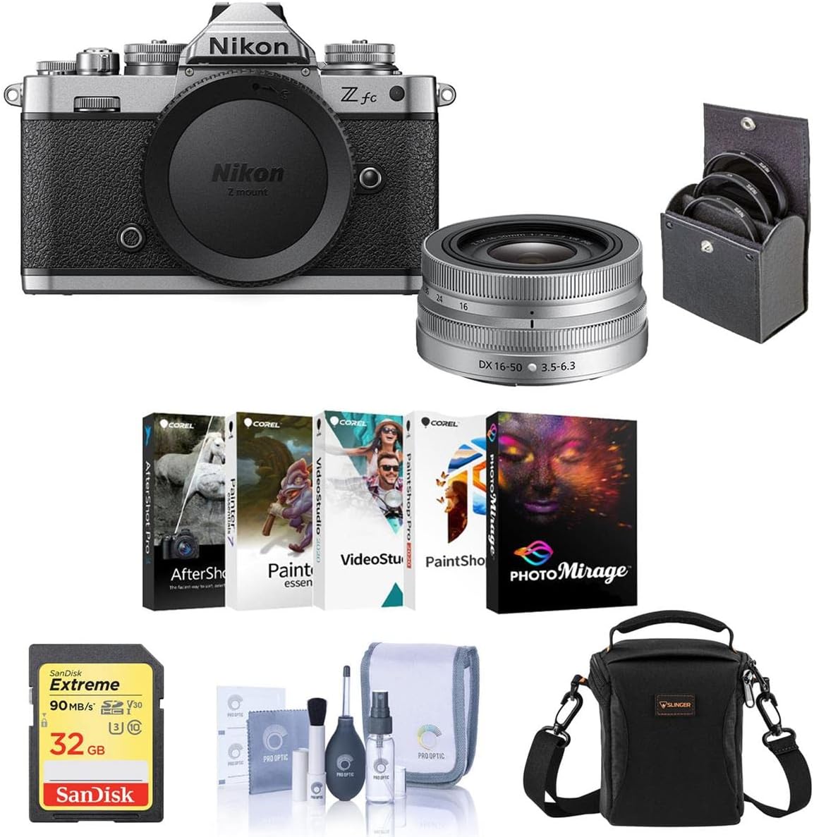 Nikon Z fc DX-Format Mirrorless Camera with Z DX 16-50mm f/3.5-6.3 VR Lens, Silver Bundle with 32GB SD Card, Shoulder Bag, Corel PC Software Kit, Filter Kit, Cleaning Kit