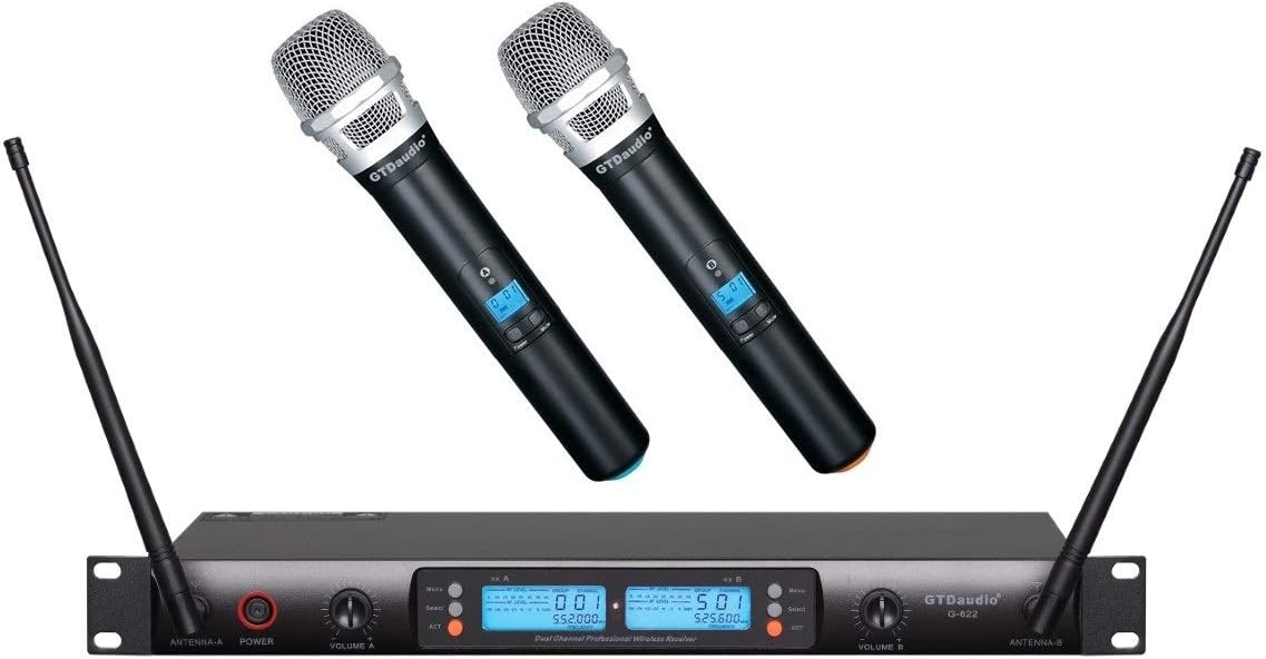 GTDaudio 2x100 Adjustable Channels UHF Wireless Cordless Handheld Microphone Mic System Ideal for Church, Karaoke, Dj Party, Range 400 ft,