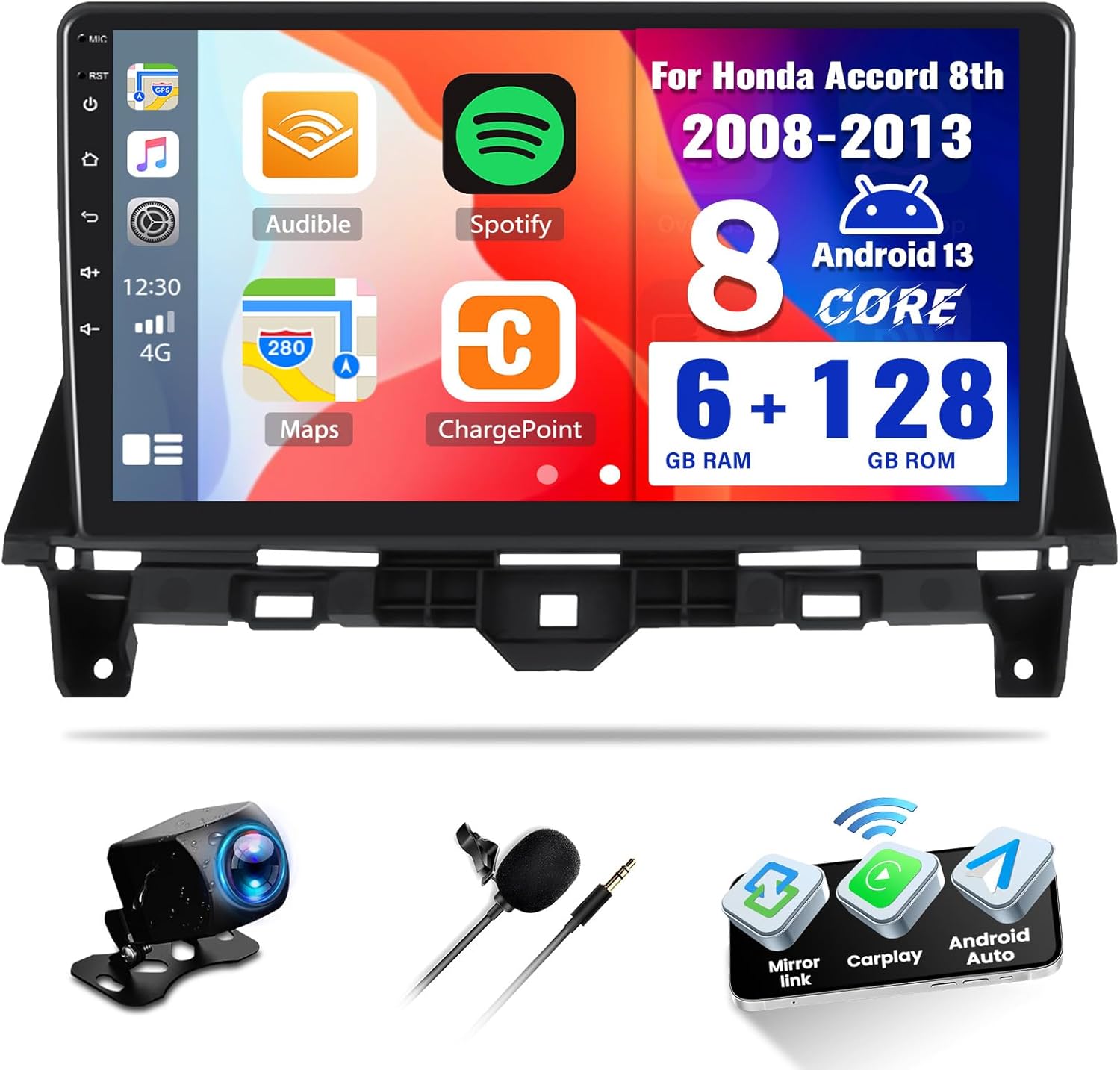 SIXWIN 8 Core 6G+128G Android Car Stereo for Honda Accord 8th 2008-2013 10.1 Inch Touch Screen with Wireless CarPlay Android Auto Bluetooth GPS Navigation HiFi WiFi 59UI Weather Forecast