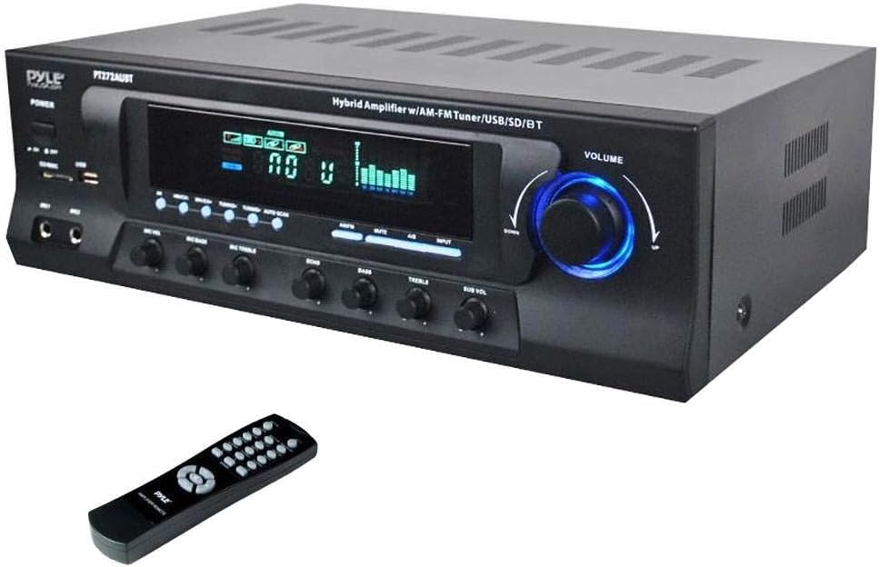Pyle Wireless Bluetooth Audio Power Amplifier - 300W 4 Channel Home Theater Stereo Receiver with USB, AM FM, 2 Mic IN with Echo, RCA, LED, Speaker Selector, For Studio, Home Use, Black - PT272AUBT