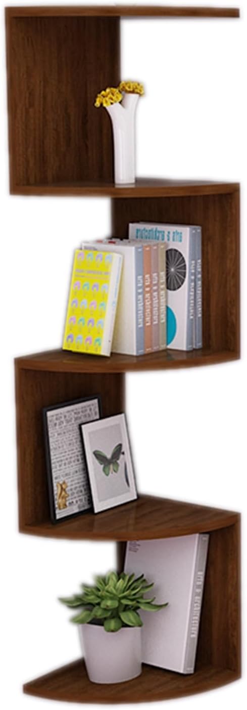 5-Tier Floating Bookshelf, Corner Shelf Wall Mount, Plant Shelf for Bedroom, Living Room, Bathroom, Home, Office, Fit 90-Degree Wall Corners (Brown 5 Tier)