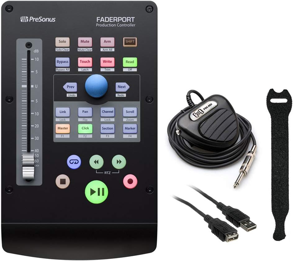 PreSonus FaderPort Single-Fader USB Control Surface (2nd Gen) with Hosa FSC-604 Footswitch, Fastener Straps (10-pck) & USB Extension Cable (10') Bundle