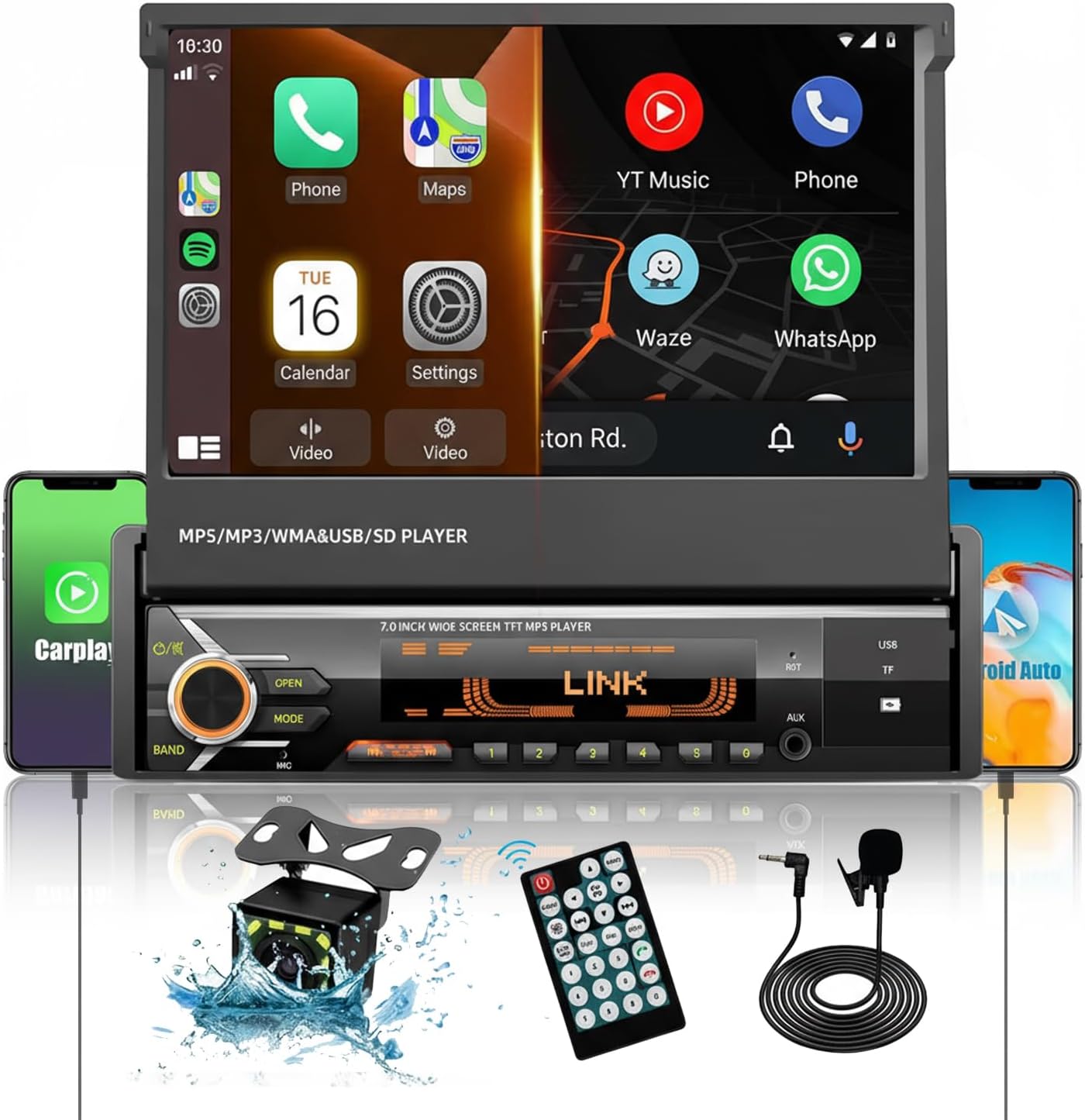 Upgraded Single Din Car Stereo with Apple CarPlay & Android Auto, 7-inch Motorized Flip-Out Touchscreen, Bluetooth, HD Backup Camera, Mirror Link, AM/FM Radio, AUX Input