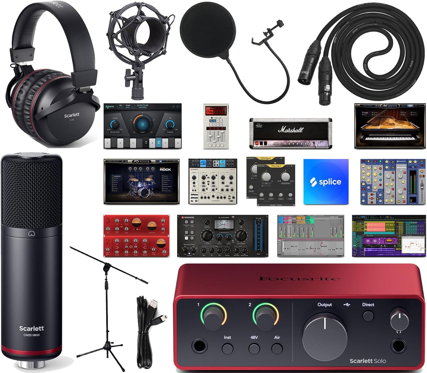 Focusrite Scarlett Solo Studio 4th Gen 2x2 USB Audio Interface Full Studio Bundle with Exclusive Creative Software Kit with Scarlett Headphones and Condenser Microphone with XLR Cable & Shock Mount