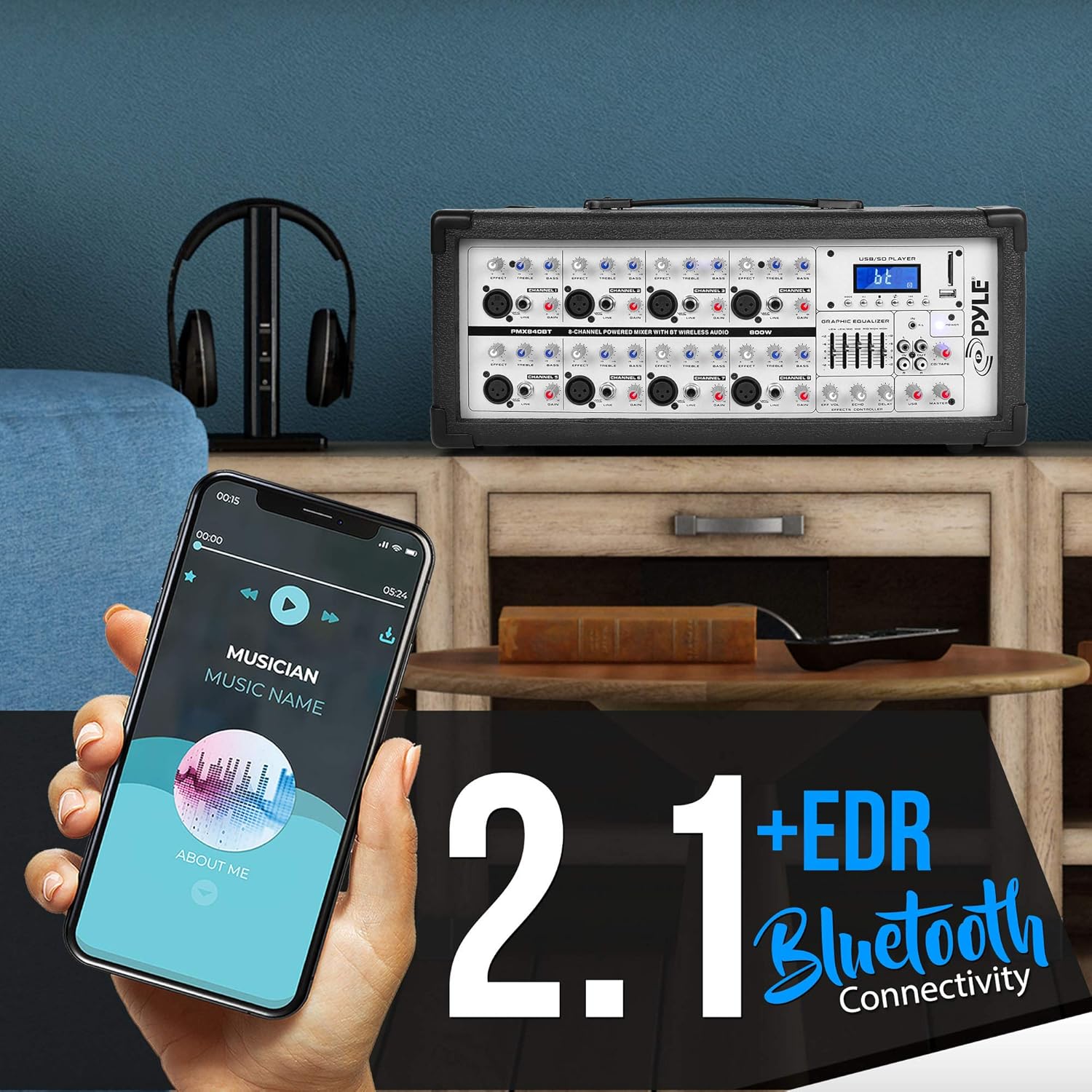 Pyle 800W Powered Stage Mixer with Bluetooth - 8 Channel Pro Audio Sound System w/ USB-A MP3 SD Card Player - RCA/1/4” Effects Loop - Aux Input - Digital LCD Display - Built-in Cooling Fan - PMX840BT