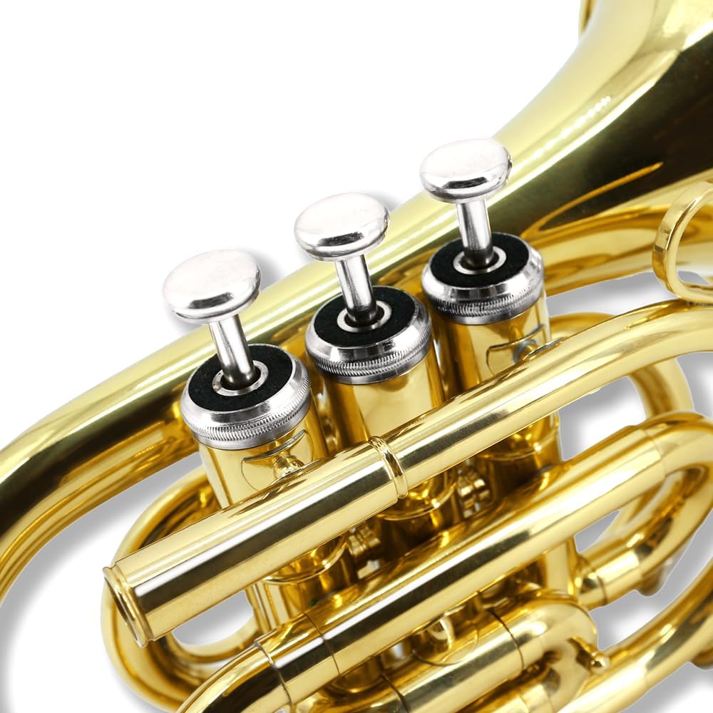 Pocket Trumpet Bb Flat Brass Trumpet for Beginner Student with 7C Mouthpiece Carrying Hard Case Cleaning Cloth Gloves