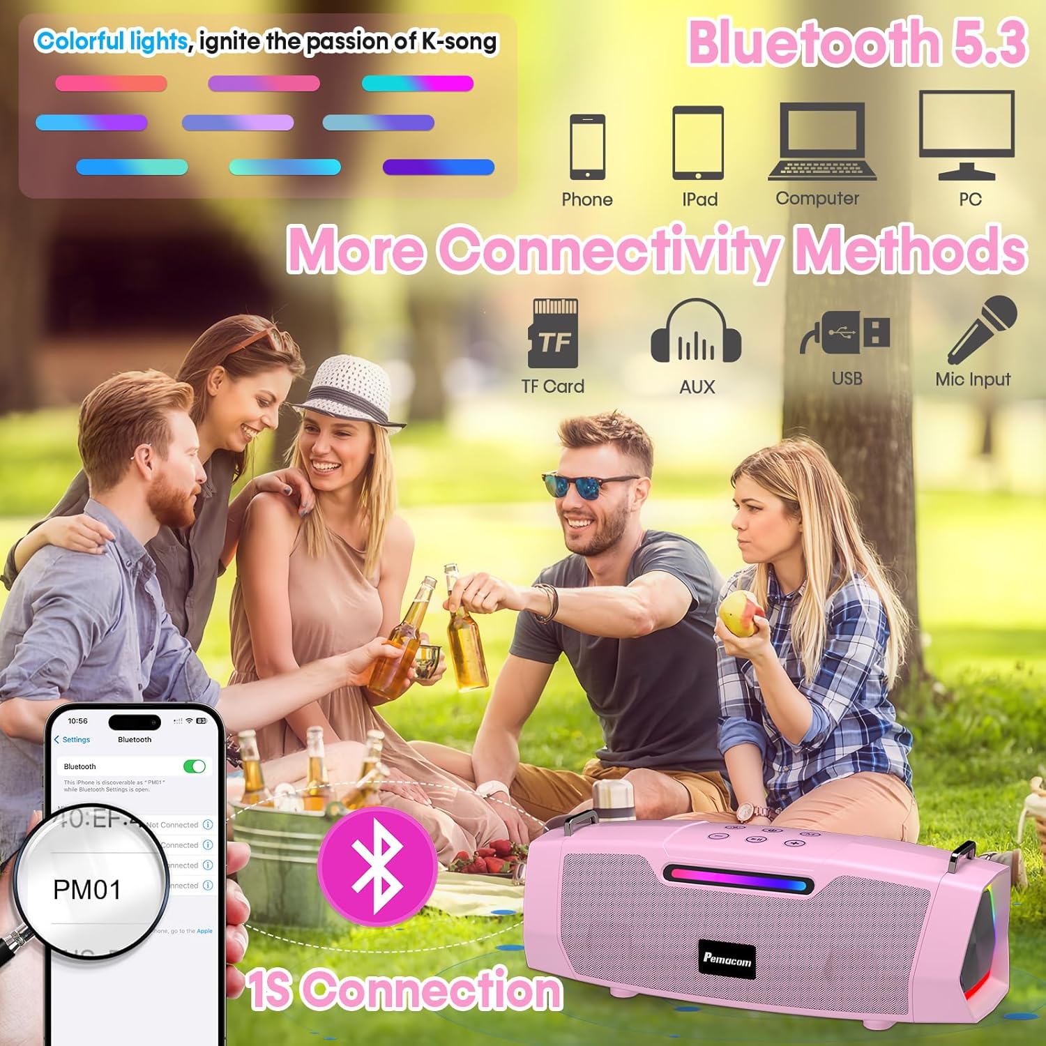 Karaoke Machine with Two Wireless Microphones - Portable 60W Powerful Bluetooth Speaker, Long Battery Life for Outdoor & Family Party, RGB Lights, PA System for Girls, Young Women - Pink