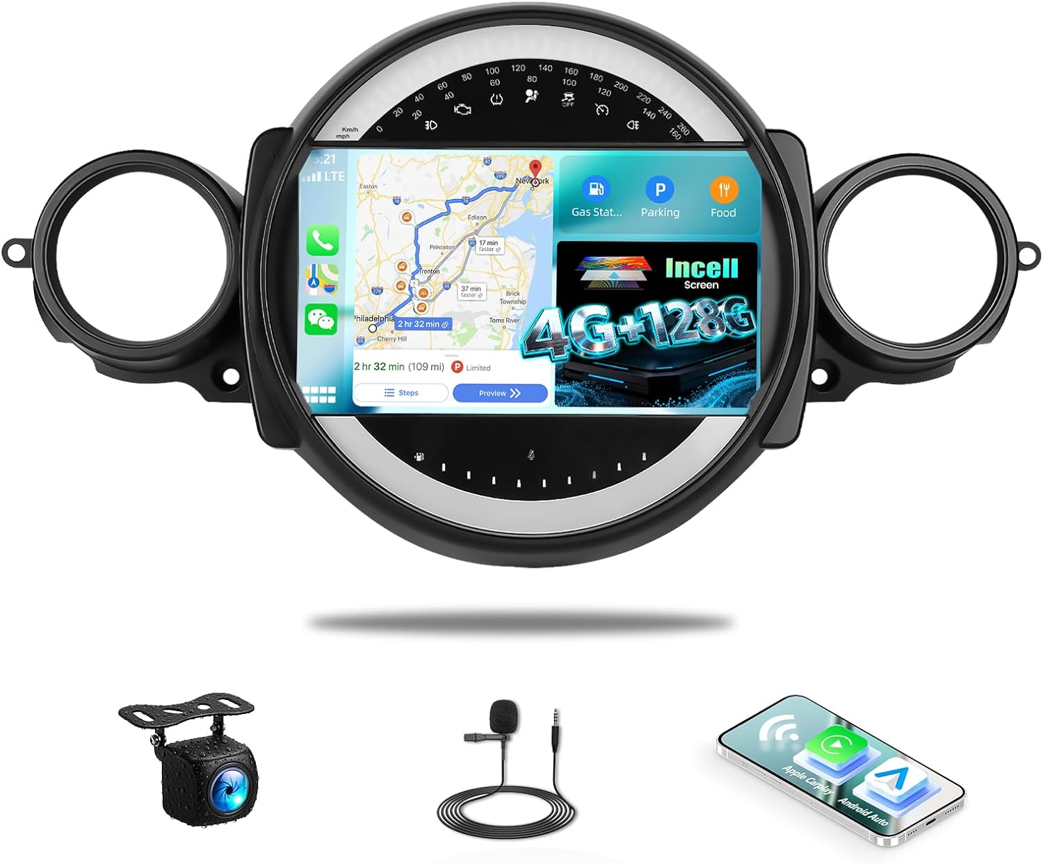 SIXWIN 4G+128G Andriod Car Radio for BMW Mini Clubman R55 / Mini Cooper R56 2007-2013 with CarPlay Android Auto 9 Inch Incell Touch Screen with GPS Navigation WiFi Backup Camera Mic