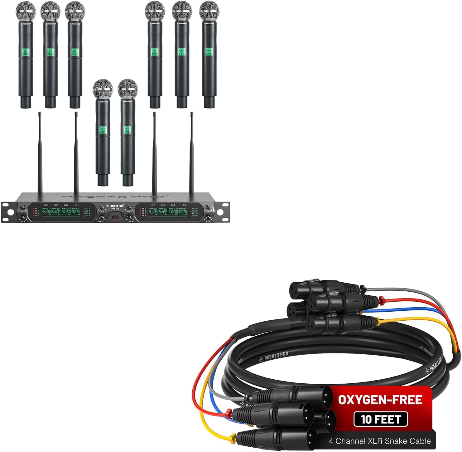 Phenyx Pro Wireless Microphone System, 8-Channel UHF Wireless Mic (PTU-4000-8H) Bundle with 10Ft XLR Snake Cable