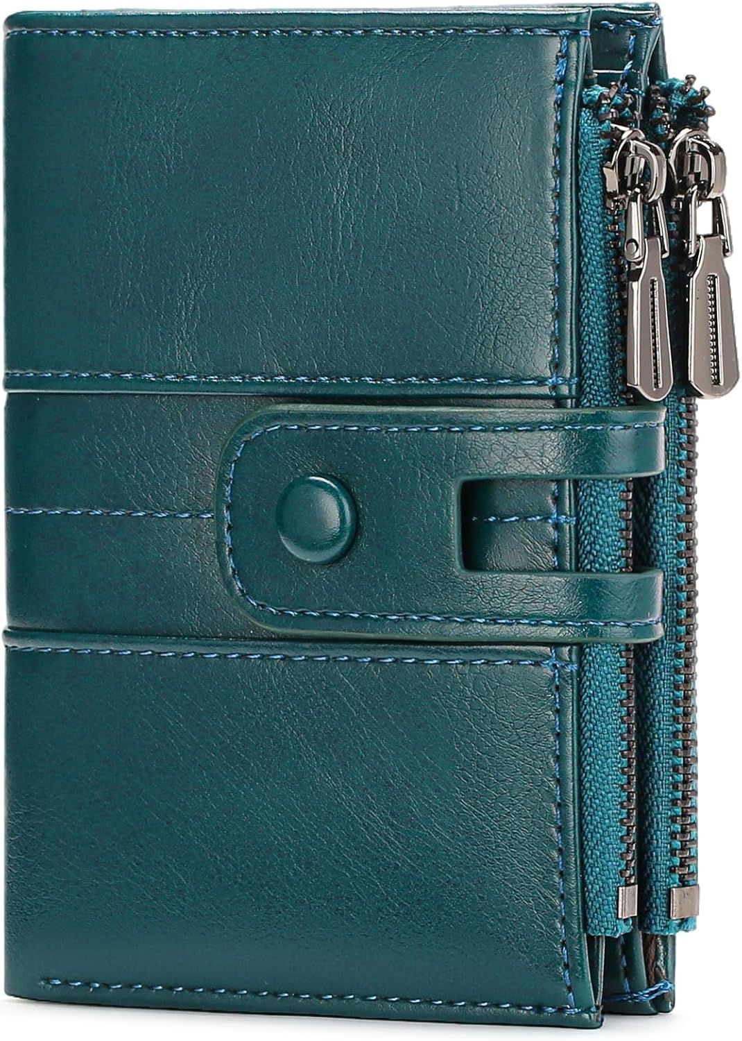 Women's RFID Blocking Genuine Leather Bifold Wallet Compact Card Holder with Zipper Coin Pocket and ID Window (C03 Lake Blue)