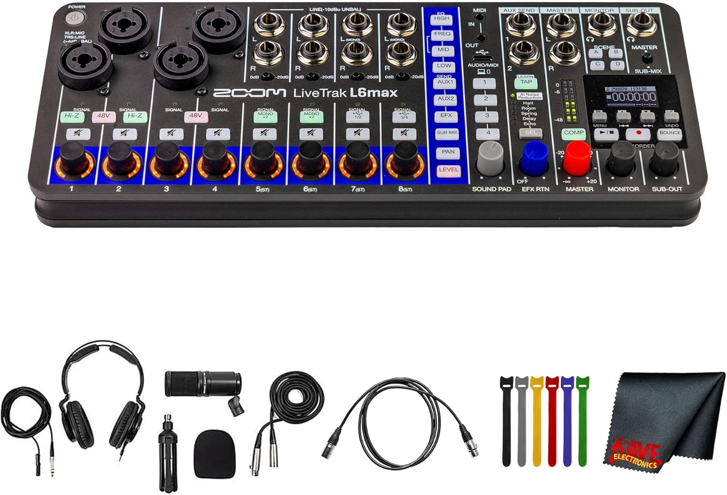Zoom LiveTrak L6max Portable 12-Channel Mixer and Recorder + ZDM-1 Podcast Mic Pack + Microfiber Cleaning Cloth + 10 Ft XLR Cable + 4xAA Batteries With Charger + Wire Straps