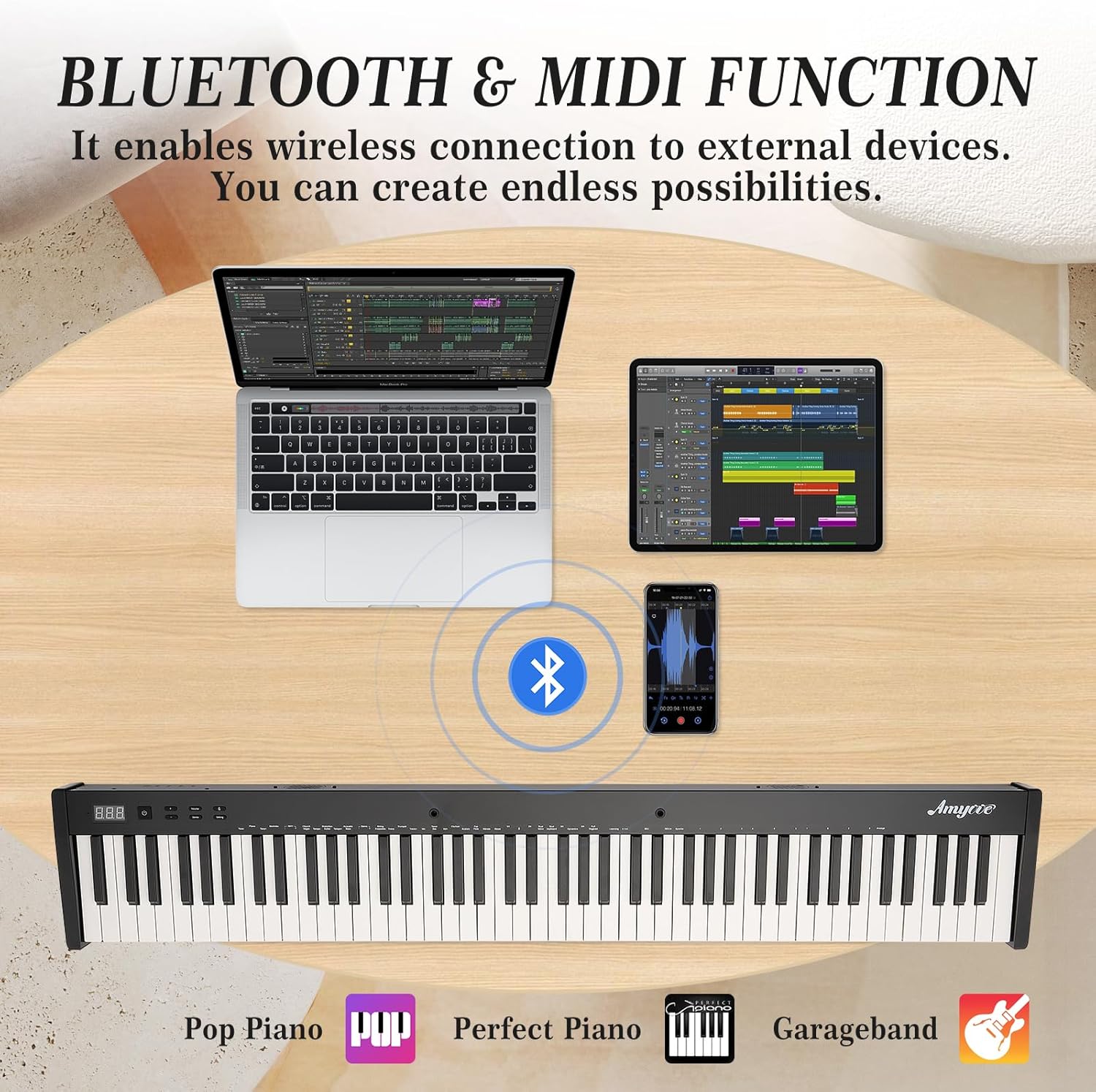 Digital Piano 88 Key Full Size Semi Weighted Electronic Keyboard Piano Set,Portable Electric Piano with Headphones, Pedal,Handbag,Bluetooth, Usb Midi,Electric Keyboard Piano for Beginners