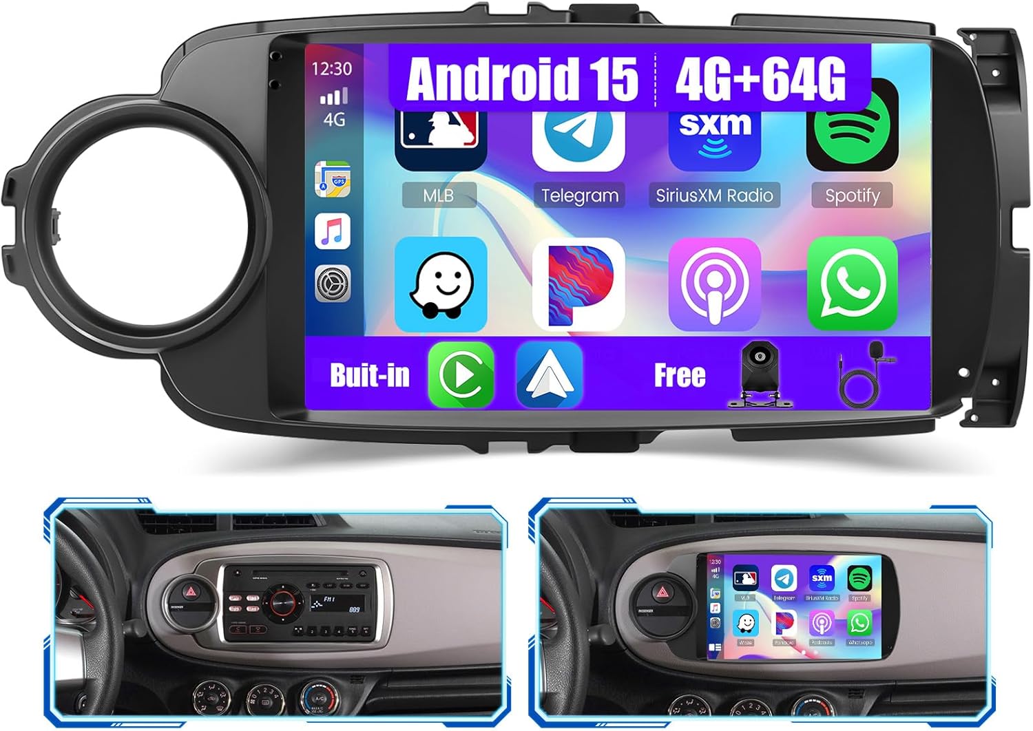 [4G+64G] Android 15 Car Stereo for Toyota Yaris 2012-2017 with Wireless Carplay/Android Auto, 9 Inch HD Touch Screen Car Radio with GPS WiFi Bluetooth FM/RDS EQ SWC Backup Camera MIC