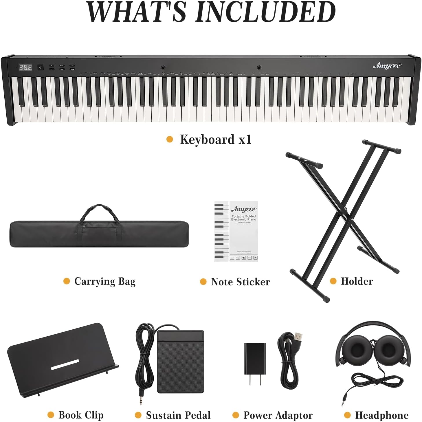 88 Key Weighted Keyboard,Full Size Folding Electric Piano Keyboard 88 Keys with for Beginners,Portable Case,Sustain Pedal,Black and White,Digital Piano Carry Bag,Note Sticker,Holder,Headphone