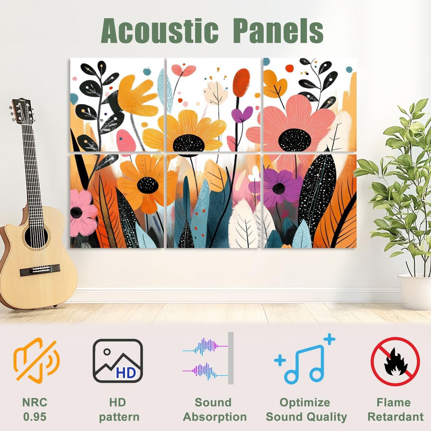 6 Pack Art Acoustic Panels Sound Absorbing Floral Botanical Neutral Plant Flowers Leaves Nature Motifs Abstract Decorative Soundproof Wall Panels Self Adhesive for Recording Studios Office 72