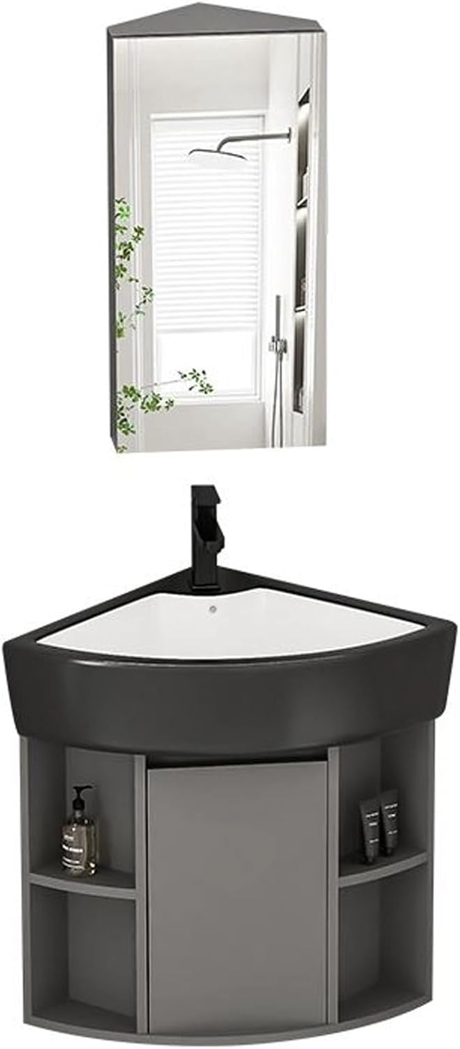 Corner Bathroom Sink, Wall Mount Ceramic Vanity, with Sink and Mirror Cabinet, Floating Wash Basin for Small Spaces, Corner Bathroom Vanity(15inchx38cm)