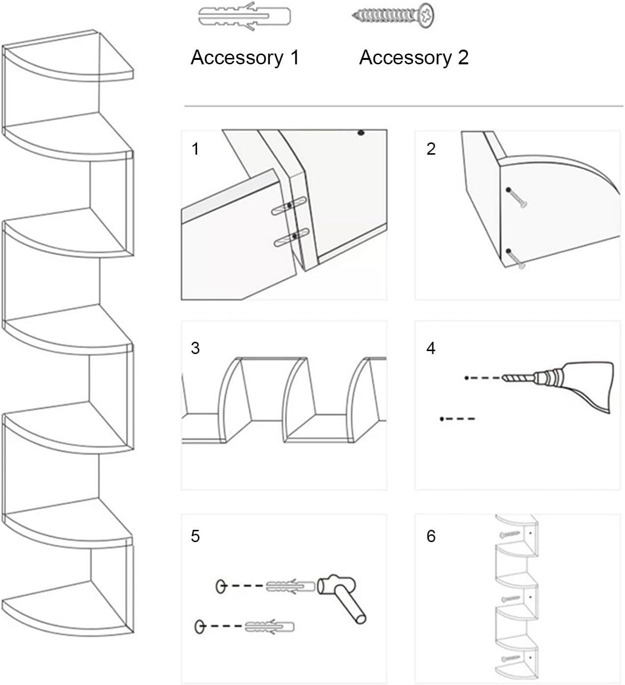 Corner Shelf Wall Mount, 5/7 Tier Floating Bookshelf, Plant Shelf for Bedroom, Living Room, Bathroom, Home Office, Fit 90° Wall Corners (Black+White 26x113cm)