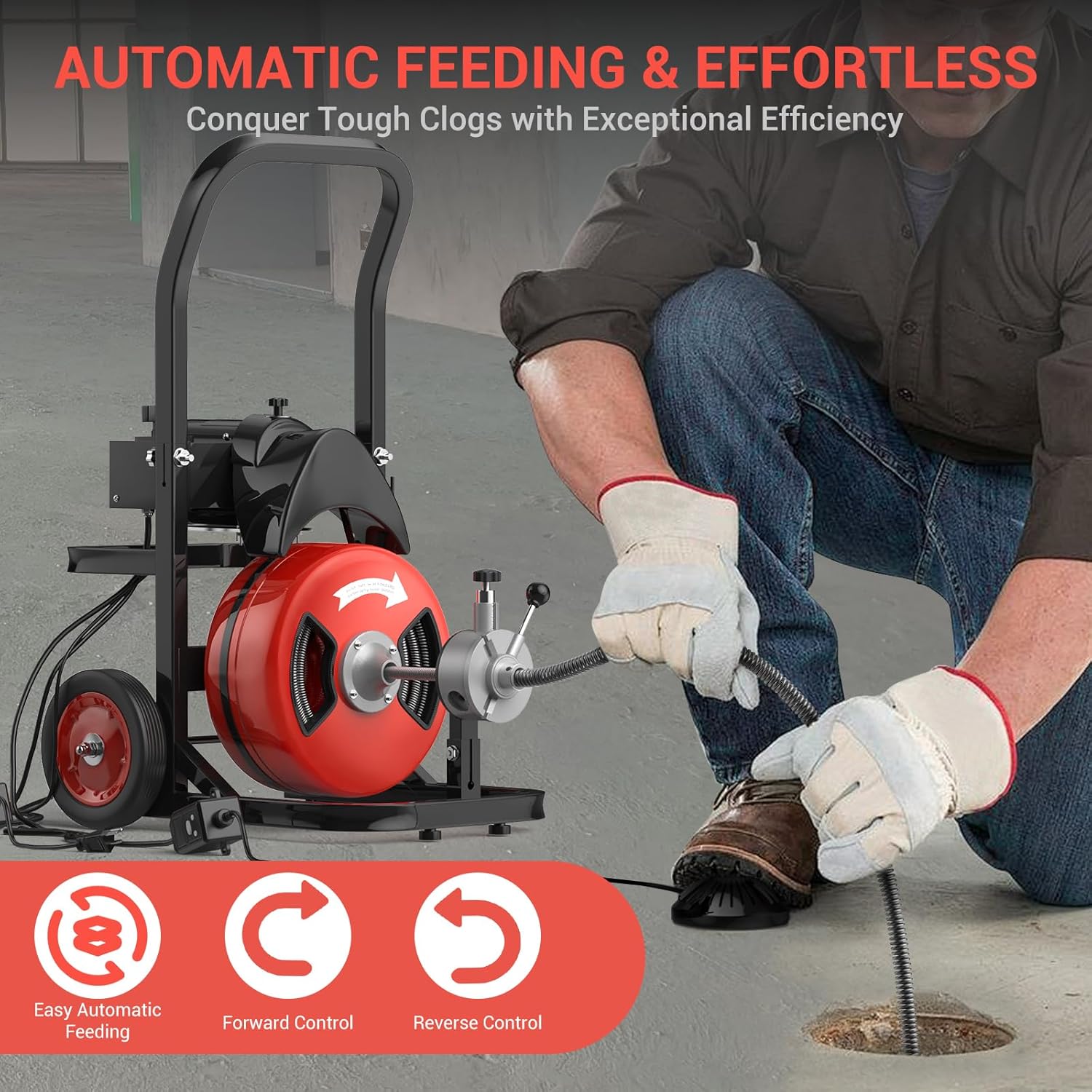 100FT Electric Drain Cleaning Machine with 1/2 Inch Cable, 450W Auto Feed Portable Sewer Snake, Air-Activated Foot Switch, 6 Interchangeable Cutters for 2