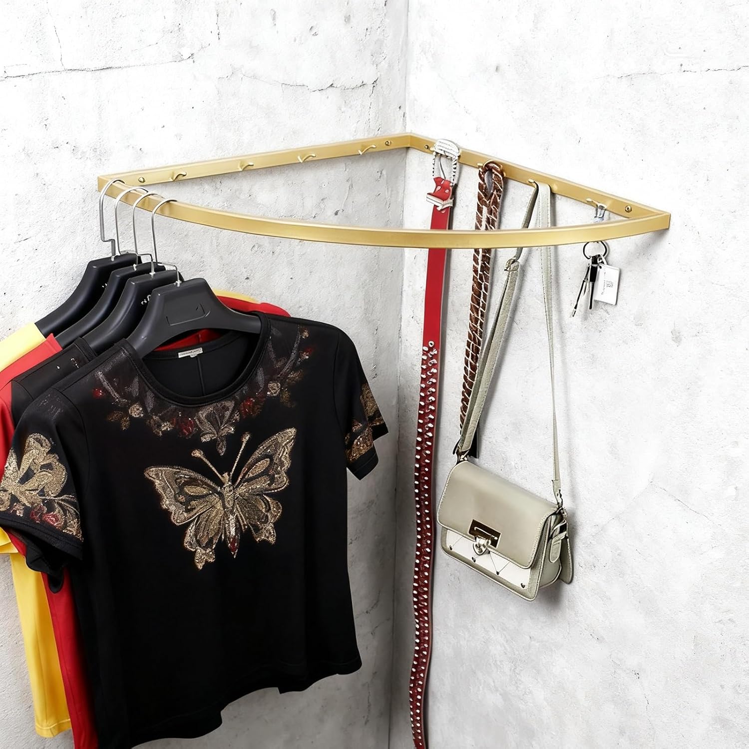 Iron Corner Hanging Rack for Clothes, 90 Degree Curved Closet Rod for Small Spaces, Wall Mount Garment Coat Organizer Hanger Bar(Gold,60x60cm (23 5/8x23 5/8