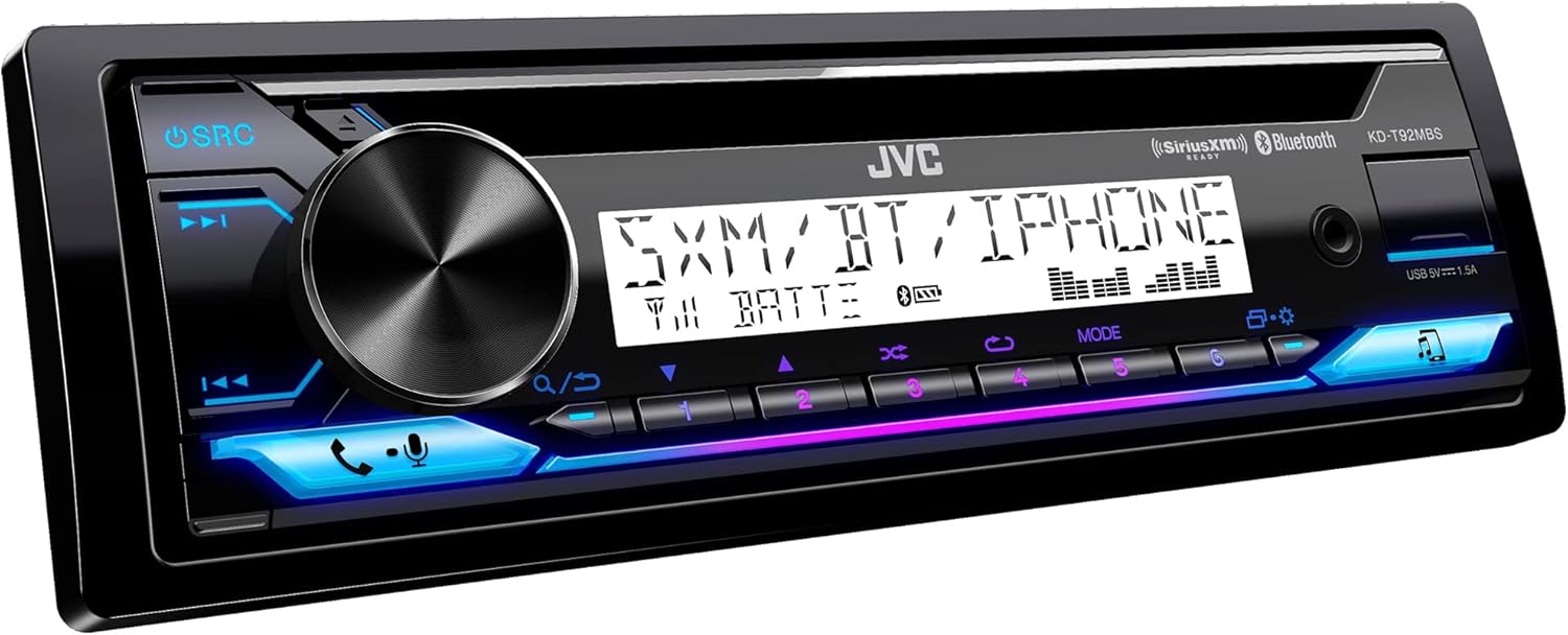 JVC KD-T92MBS Marine Powersport Audio CD Receiver 22W RMS/50W Max x 4, Bluetooth, USB, Time Alignment, 13 Band EQ, 2/3 Way Crossover, 6-Channel 4V Pre-Amp Output, Adjustable Color LED Display