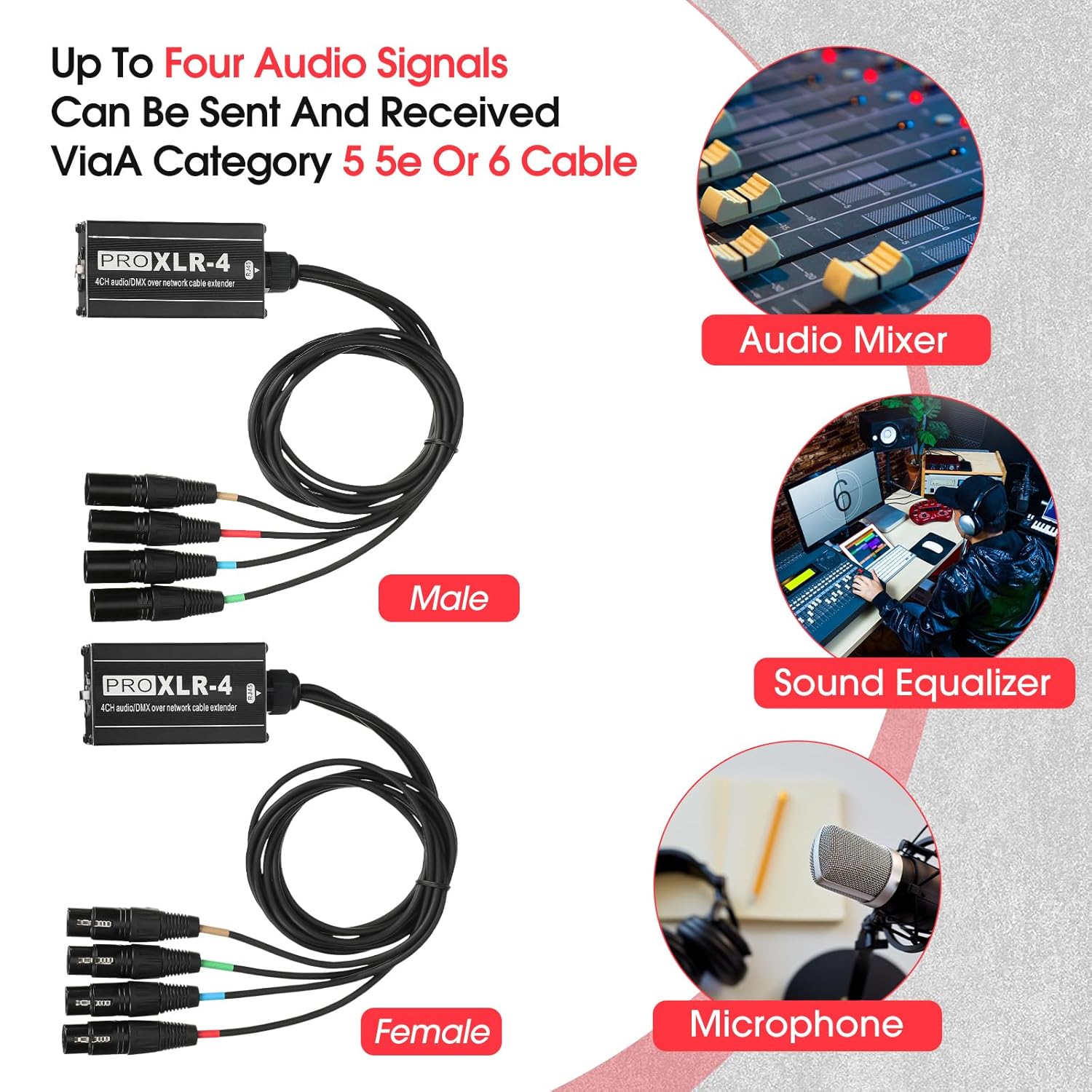 Flutesan 4 Pack 4 Channel 3 Pin Audio Snake XLR Cable XLR Over Rj45 Multi Network Snake Receiver with 3.3 ft Cable Box Extender for Stage Lighting Home Recording Studio(Black Plug)