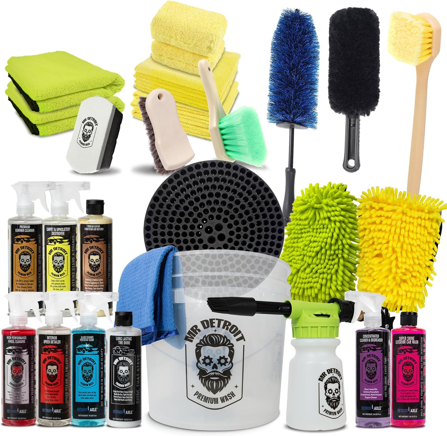 Mr. Detroit - 26pc Car Wash Kit with Foam Blaster, Car Care Cleaners, Bucket, Wash Gloves Towels, Brushes, Leather Conditioner, Sponge Pads... Exterior Interior Detailing for Vehicles