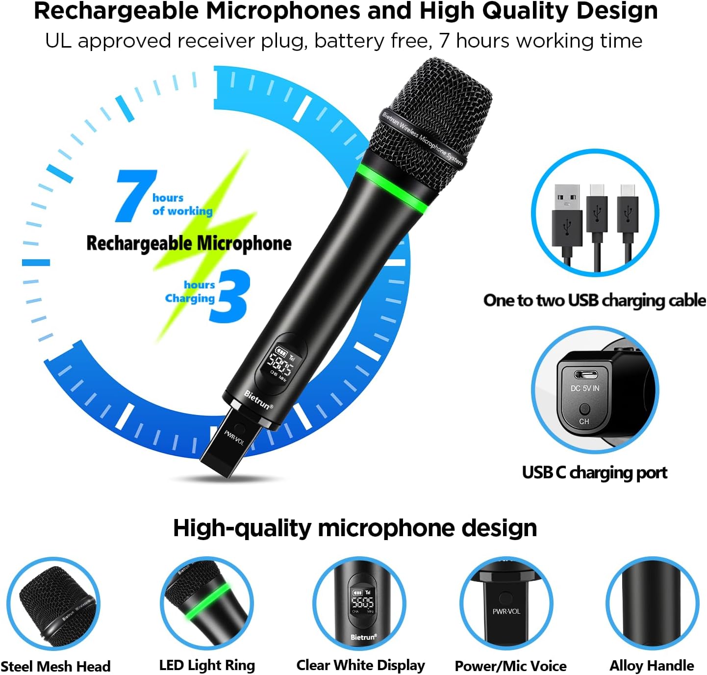 Bietrun Wireless Microphone, Rechargeable Metal Dual UHF Cordless Dynamic Handheld Microphone System for Home Karaoke, Meeting, Party, Church, DJ, Wedding(UHF 240ft Range)(Receiver with Bluetooth)