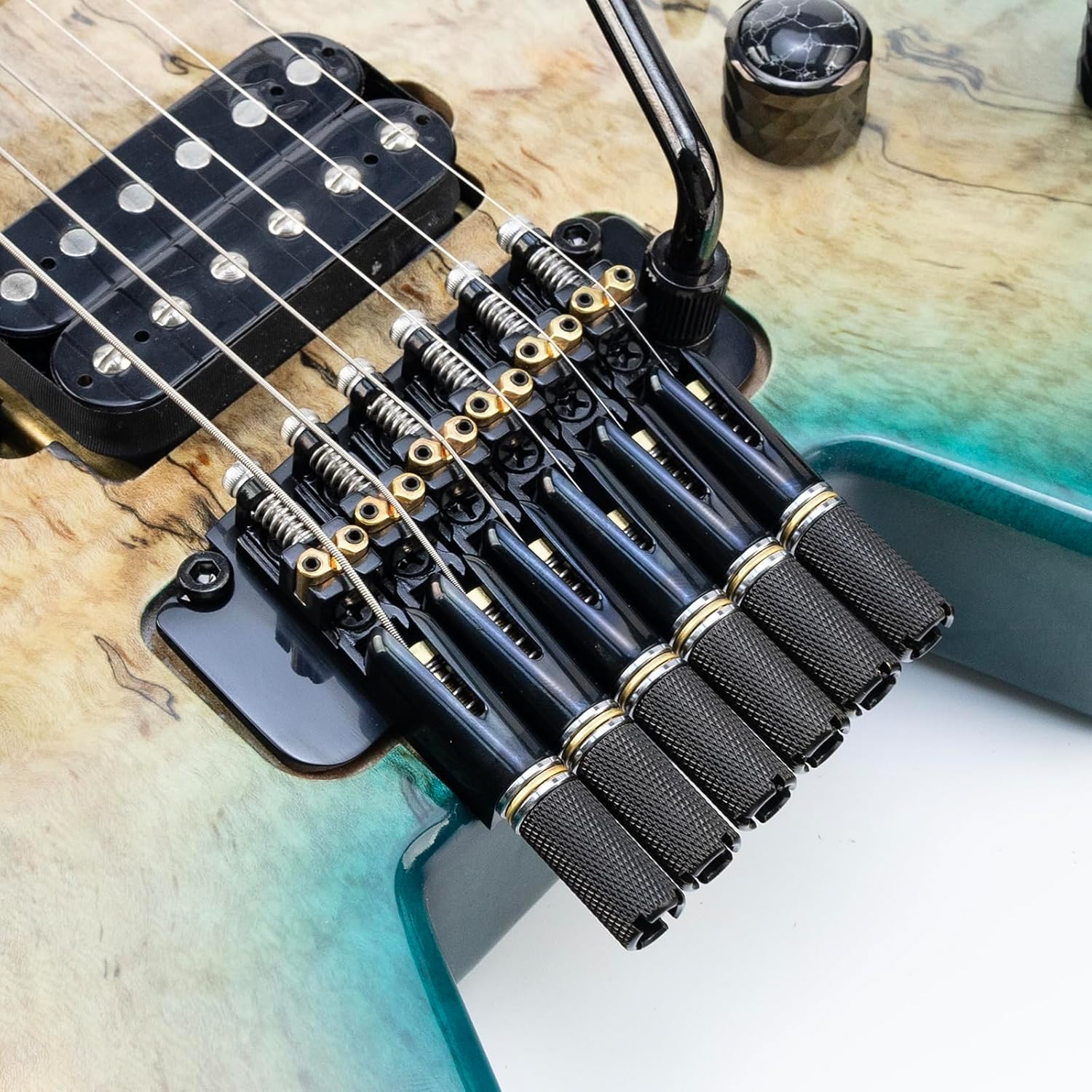 10.5mm Headless Electric Guitar Bridge Brass Block Saddle Hardened Steel Plate 2 point tremolo bridge for Fanned-fret 6 String Headless Electric Guitar Replacement parts （All Black）