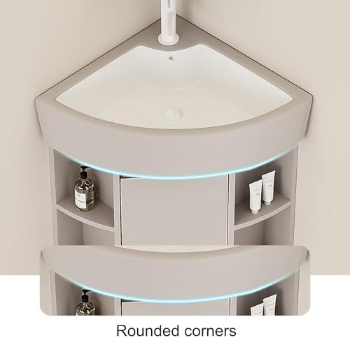 Triangle Wall Mount Corner Sink, 45cm Ceramic Vanity with Storage, Mirror & Faucet - Space-Saving Solution for Small Bathrooms & Kitchens