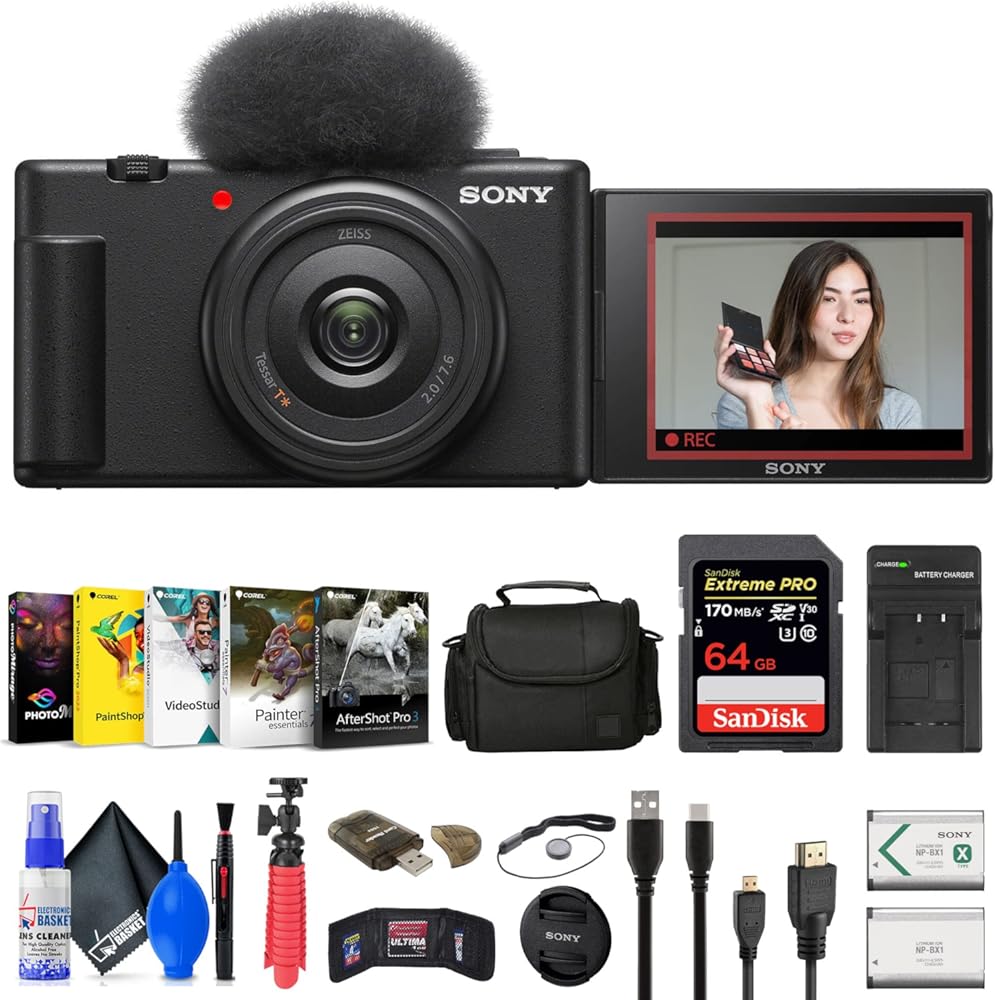 Sony ZV-1F Vlogging Camera (Black) (ZV1F/B) + Case + 64GB Card + NP-BX1 Battery + Photo Software + HDMI Cable + Charger + Flex Tripod + Memory Wallet + Cap Keeper + Cleaning Kit (Renewed)