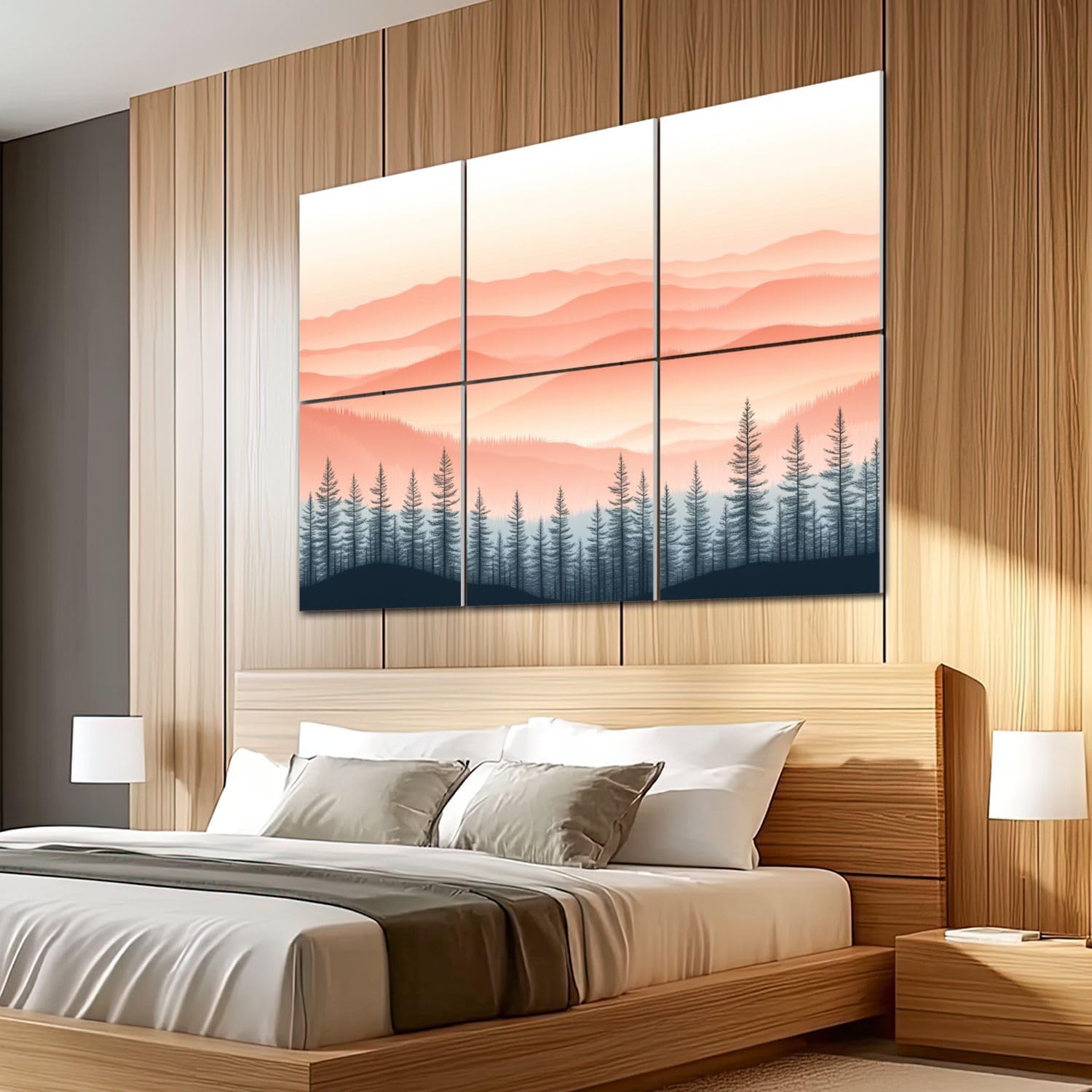 6 Pack Art Acoustic Panels Sound Absorbing Chinoiserie Sunset Luxury And Elegance Mountains Forest Trees Mist Decorative Soundproof Wall Panels Self Adhesive for Recording Studios Office 72