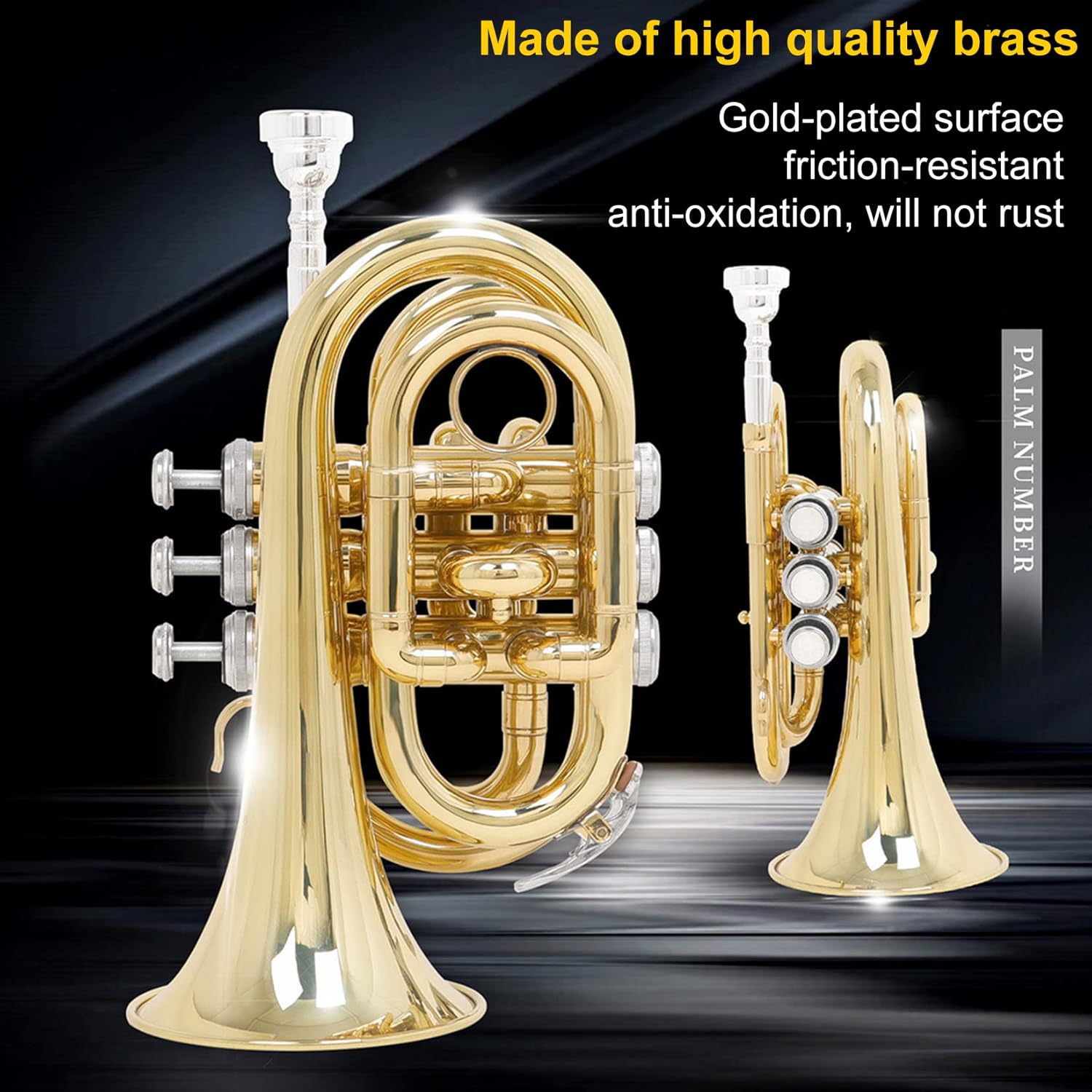 EB Pocket Trumpet Full Kit, Professional Pocket Trumpet Woodwind Instrument, Gold Lacquer Mini Trumpet Musical Instrument in E Flat for Beginner/Students/Performance, Gorgeous Sound