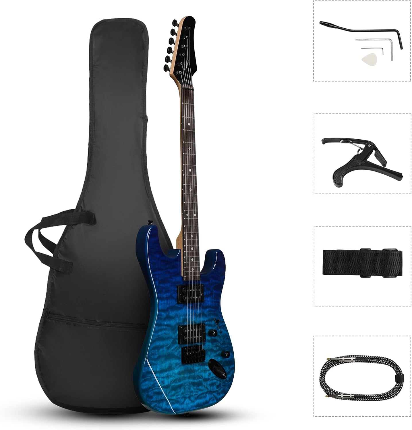 Full Size Electric Guitar Kit,39 Inch Beginner Electric Guitar,Complete Electric Guitars Set with Bag, Shoulder Strap, Power Wire, Wrench Tool,Tremolo Arm and Picks,Blue