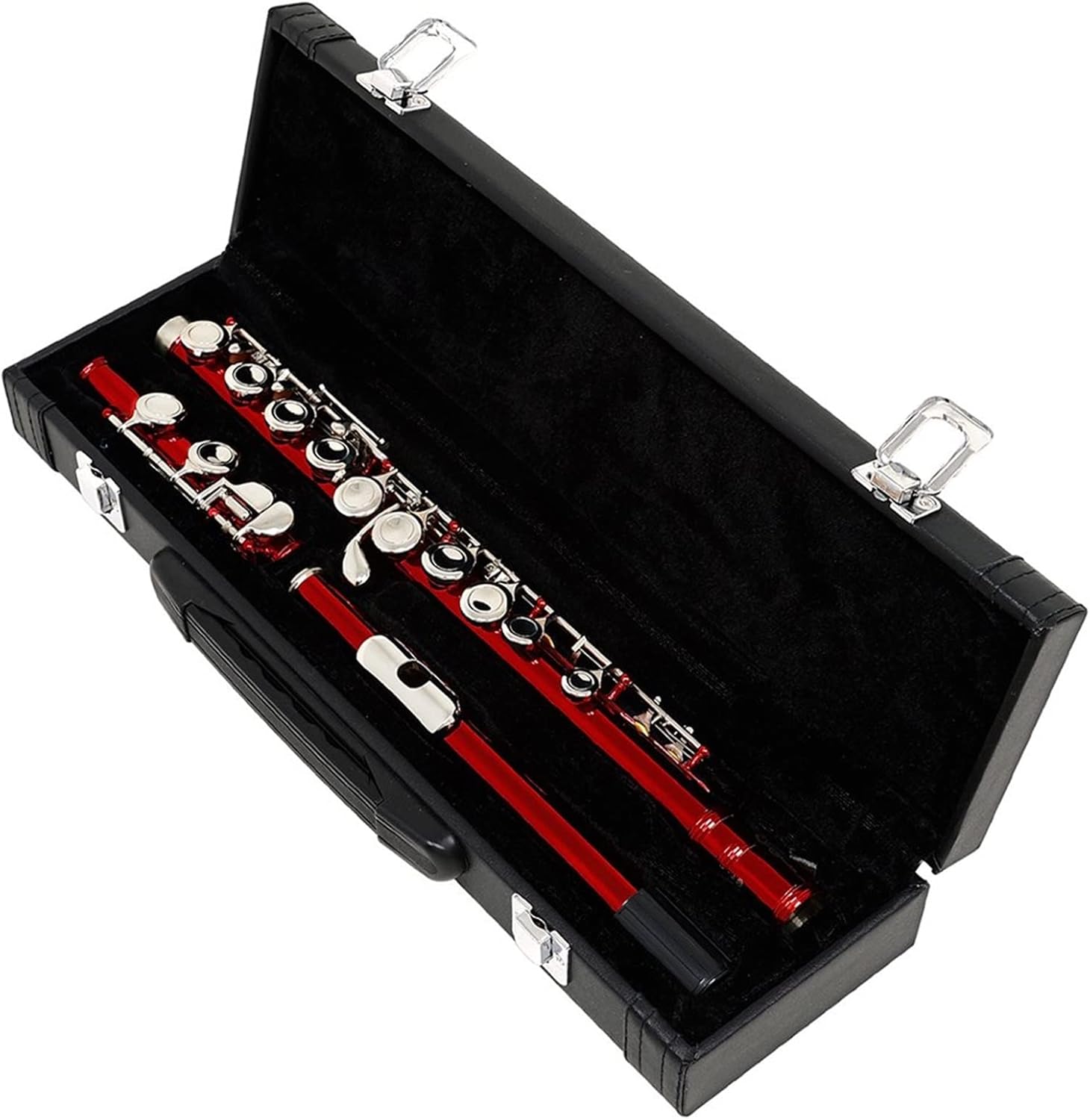Flute Musical Instrument Closed Hole C Tone Flute Silver Key Cupronickel 16 Holes Red Flute Woodwind Instrument with Leather Case Cleaning Cloth Starter Flute