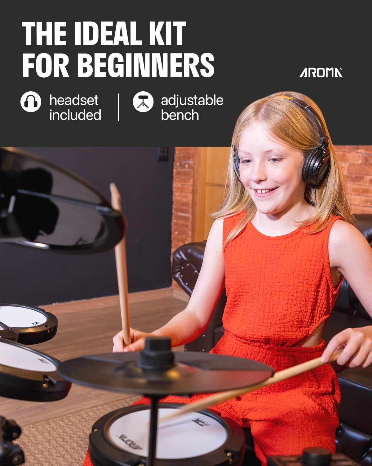 AROMA TDX-18 Electronic Drum Set with 4 Quiet Mesh Drum Pads, 2 Switch Pedal, Portable and Solid Drum Set with, Bluetooth, Drum Throne, Headphones and Sticks