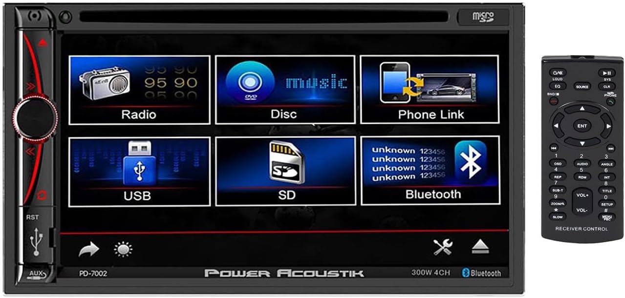 Power Acoustik PD-7002, 7 Inch Double Din Car Stereo, Touchscreen Radio Bluetooth DVD/CD MP3 Receiver, Car Audio 2 Way Android Mirrorlink