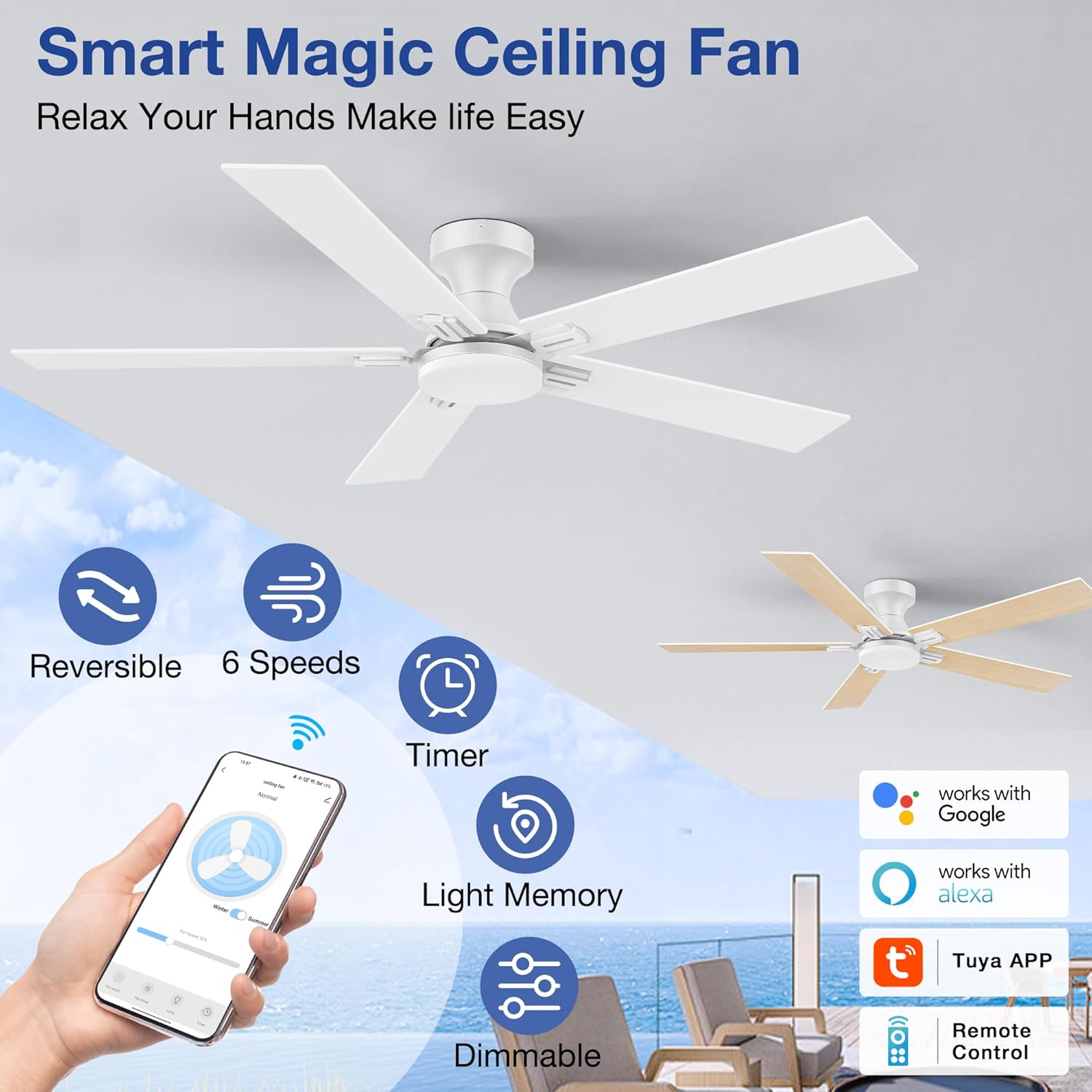 52 Inch Ceiling Fans with Lights,Smart Low Profile Ceiling Fan with Light and Remote Control,Alexa,APP,White Flush Mount Ceiling Fans for Bedroom,Patio,Outdoor Indoor Use,Dimmable LED,6 Speed,Quiet