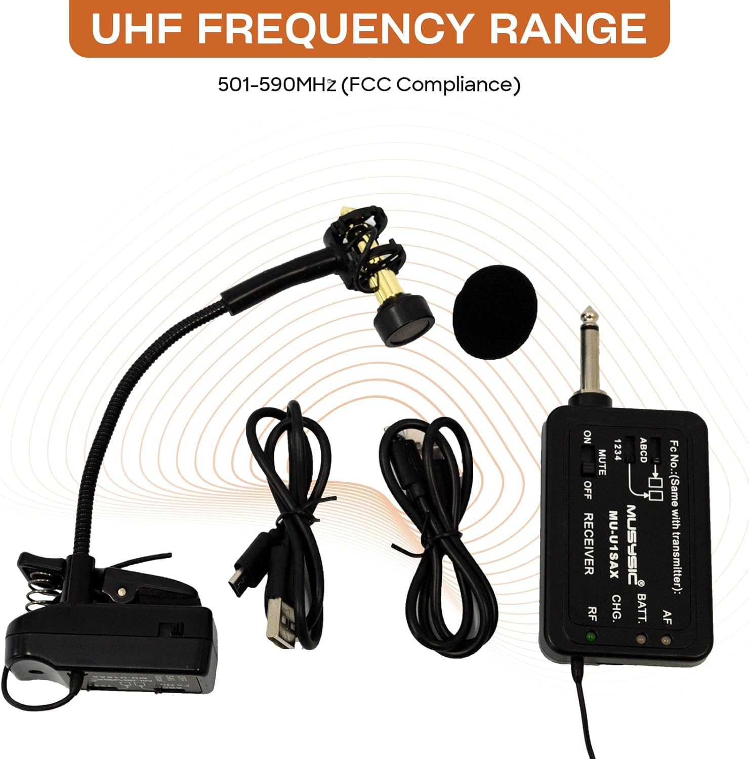 MUSYSIC Wireless Saxophone Microphone Receiver & Transmitter System, Trumpet Microphone Wireless for Wind Instruments, 16-Channel UHF, Up to 75m Range