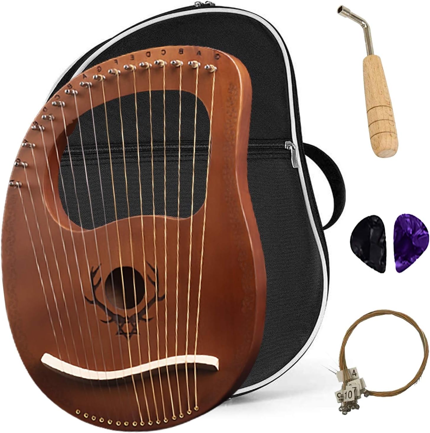 Lyre Harp 19 String Solid Wood String Instrument Heptachord Mahogany with Tuning Wrench, Picks and Bag, Best Gift for Beginners Music Lovers (Color : G)