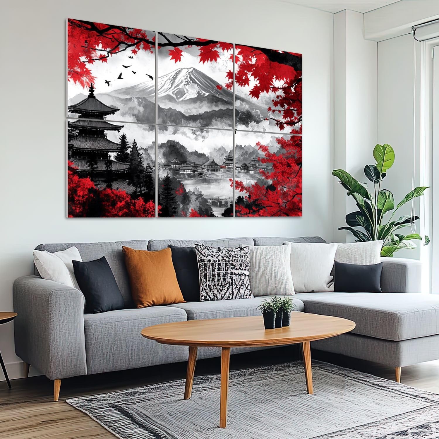 6 Pack Art Acoustic Panels Sound Absorbing Black And White Pop Of Red Japanese Temple Autumn Fall Landscape Mount Decorative Soundproof Wall Panels Self Adhesive for Recording Studios Office 72