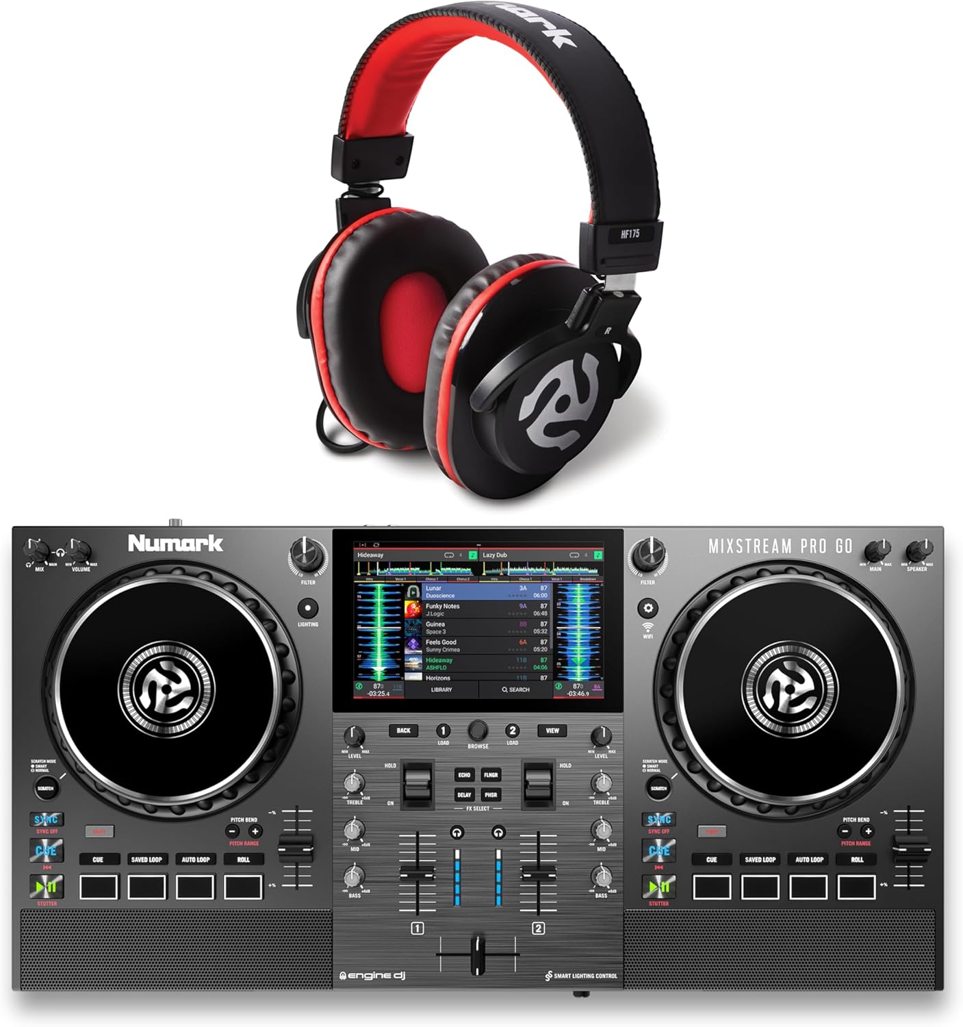 Numark Mixstream Pro Go DJ Controller Bundle with Headphones for Studio Recording, Music Production, Podcasting, Streaming